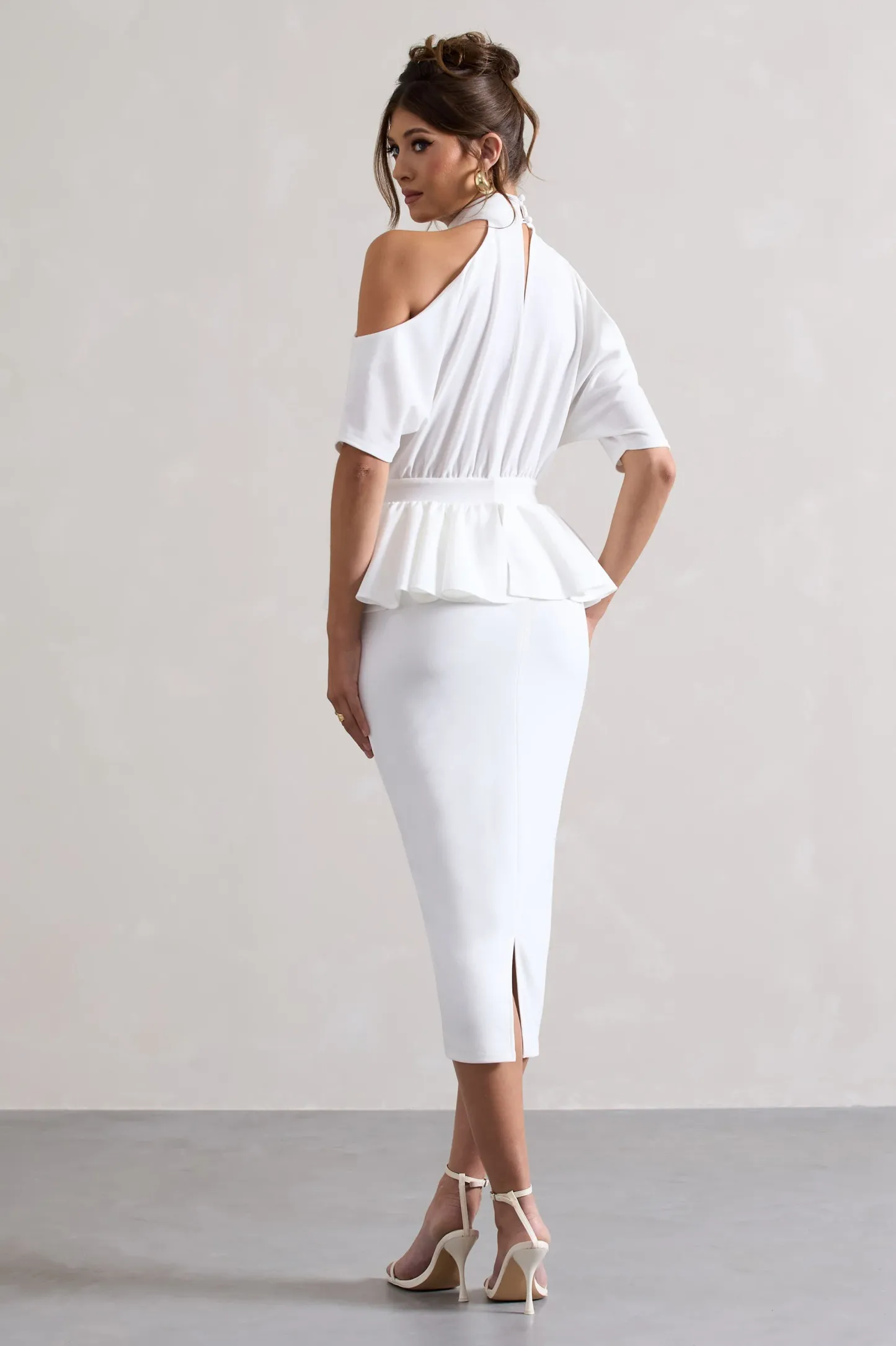White High-Neck Cut-Out Midi Dress With Peplum Waist