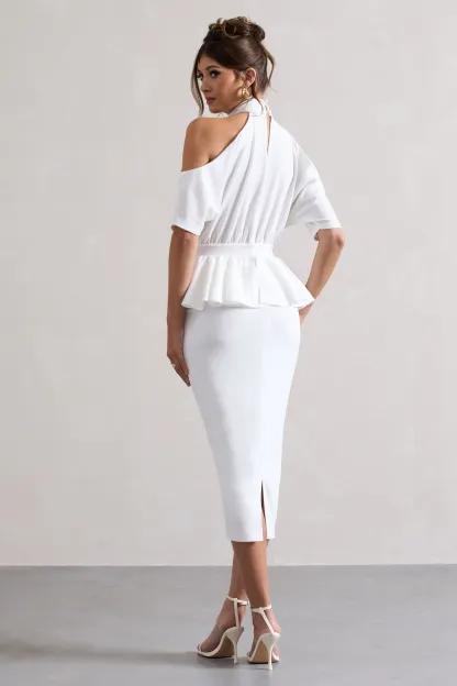 White High-Neck Cut-Out Midi Dress With Peplum Waist