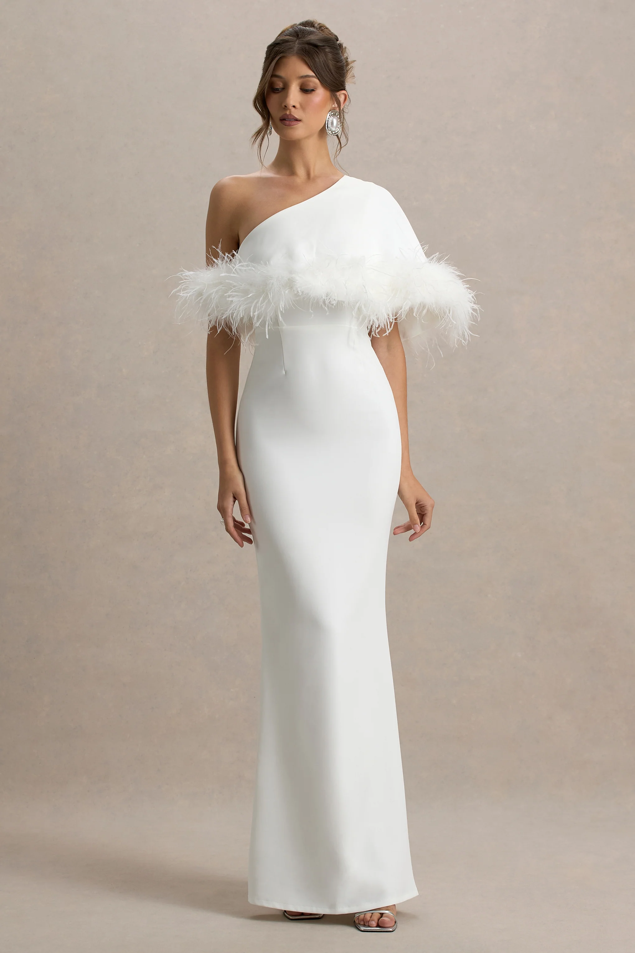 White Asymmetric Maxi Dress With Feather Trim