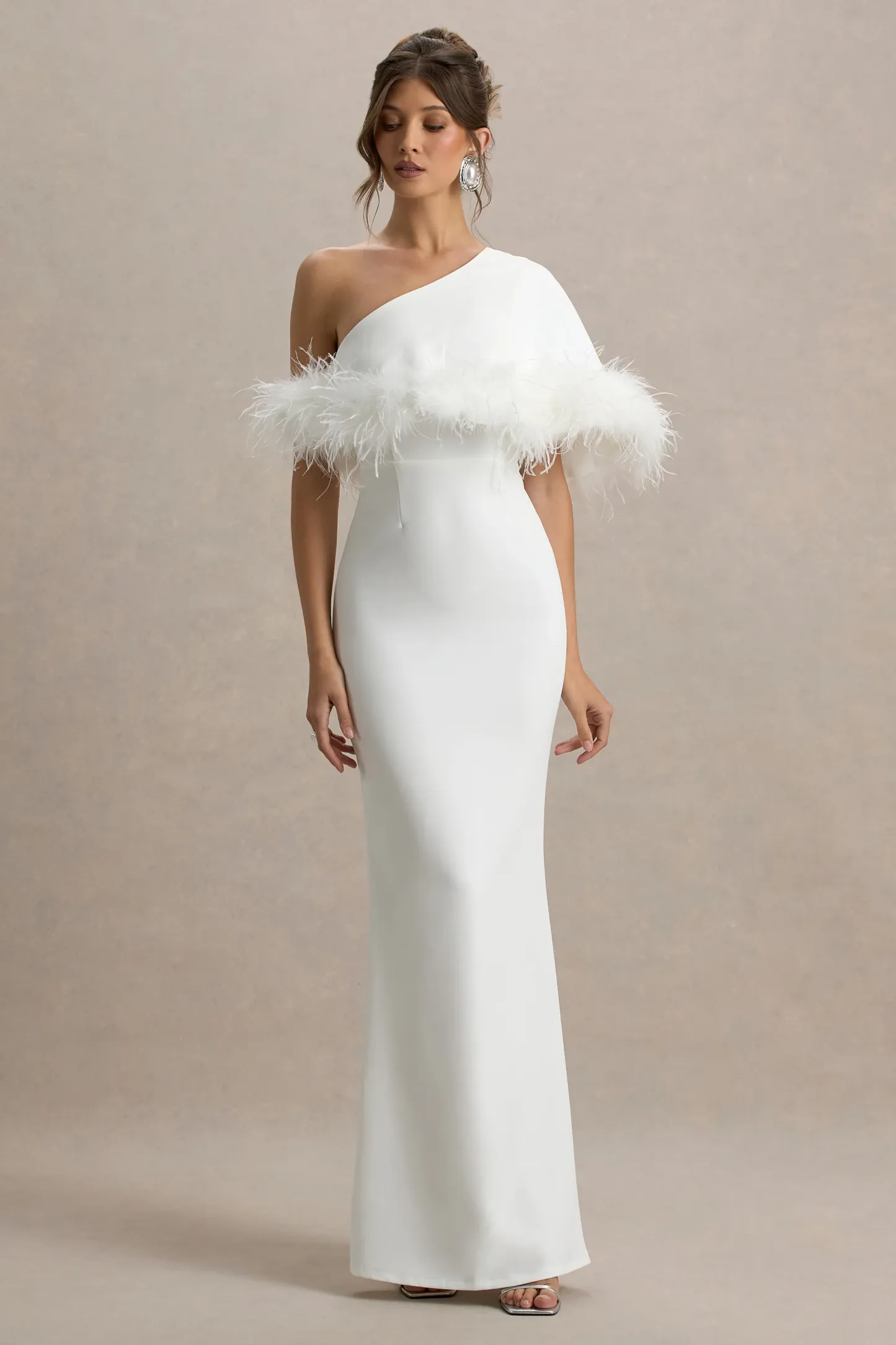 White Asymmetric Maxi Dress With Feather Trim