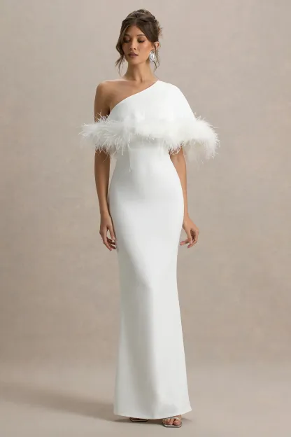 White Asymmetric Maxi Dress With Feather Trim