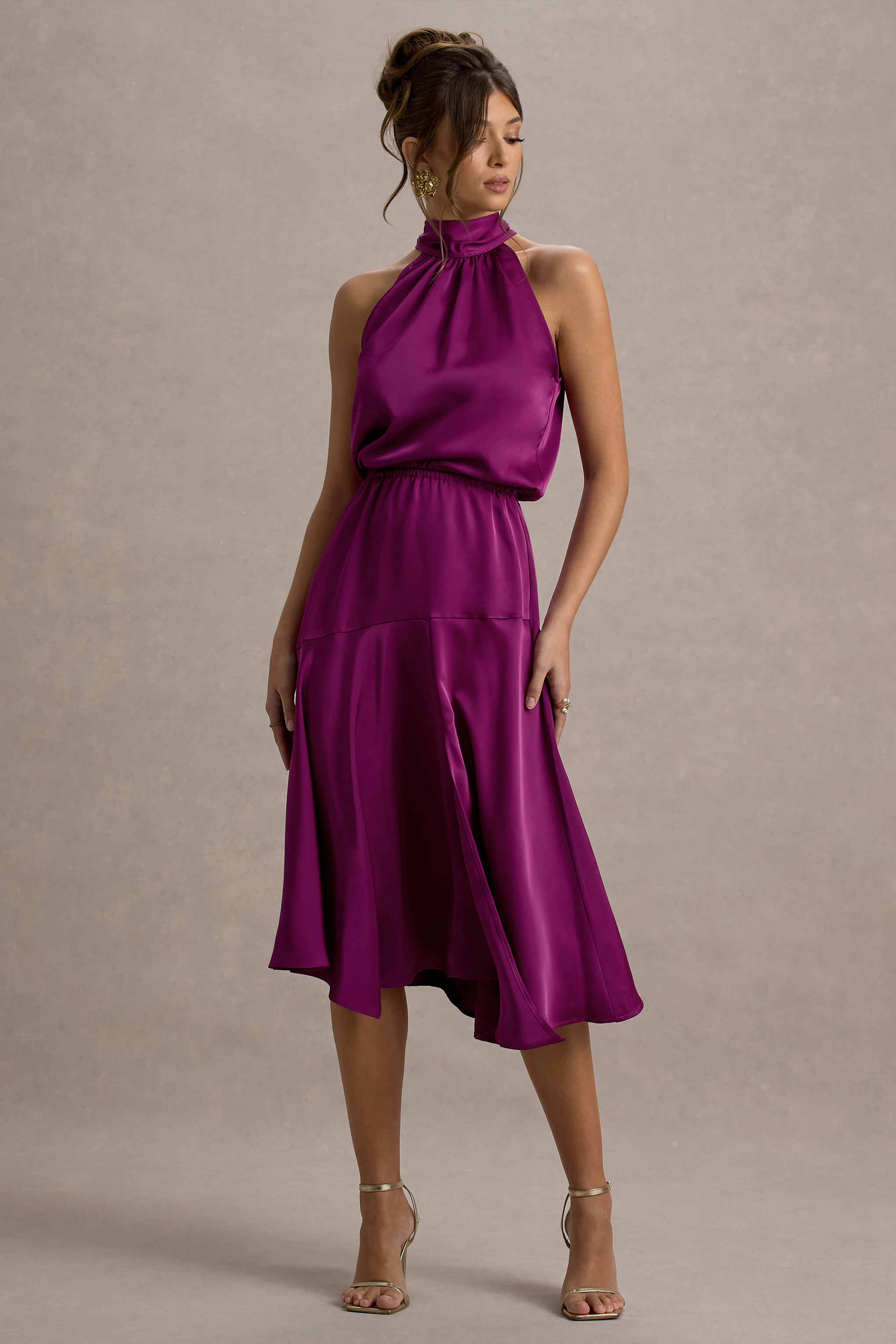 Dark Pink Satin High-Neck Split Midi Dress