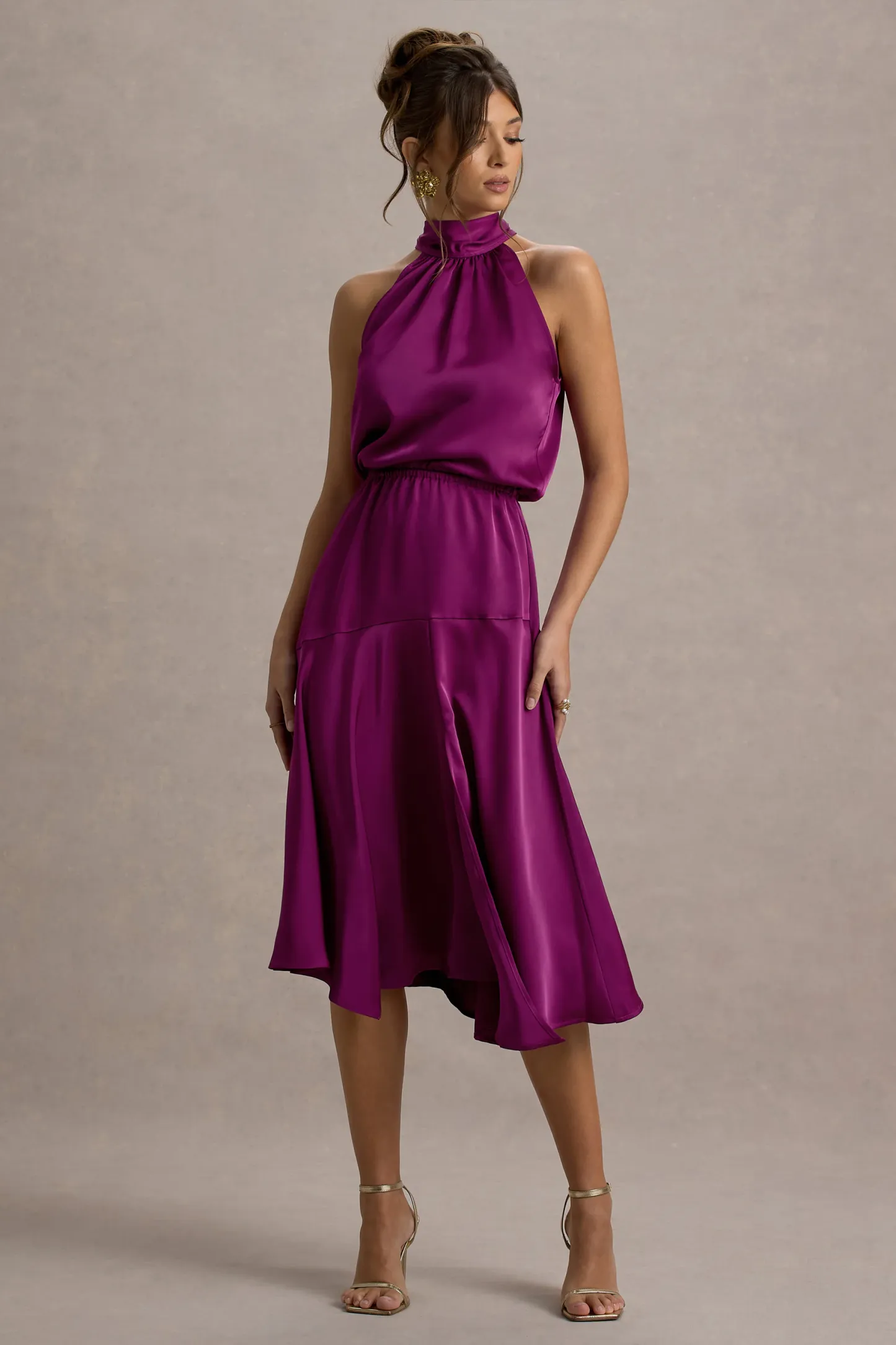 Dark Pink Satin High-Neck Split Midi Dress