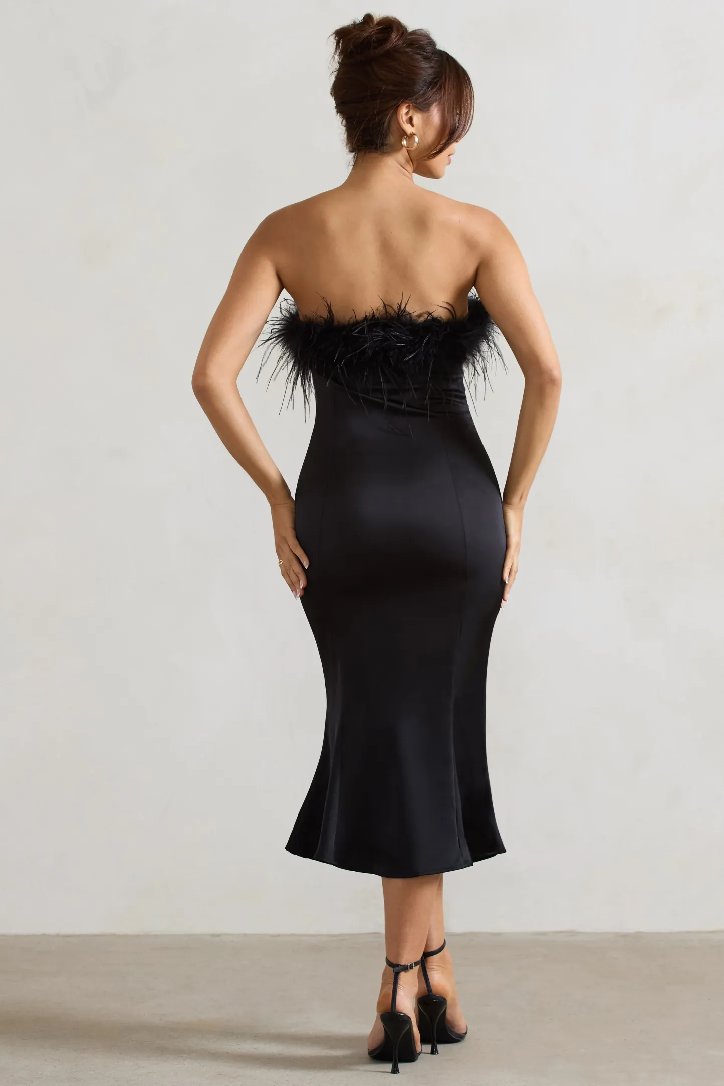 Black Satin Feather Trim Bandeau Midi Dress