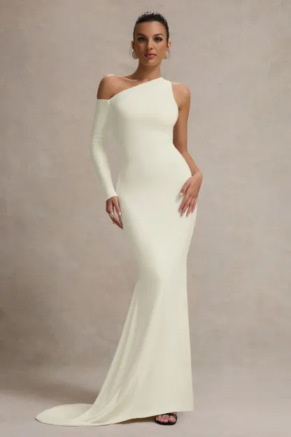 Cream One-Sleeve Asymmetric Maxi Dress