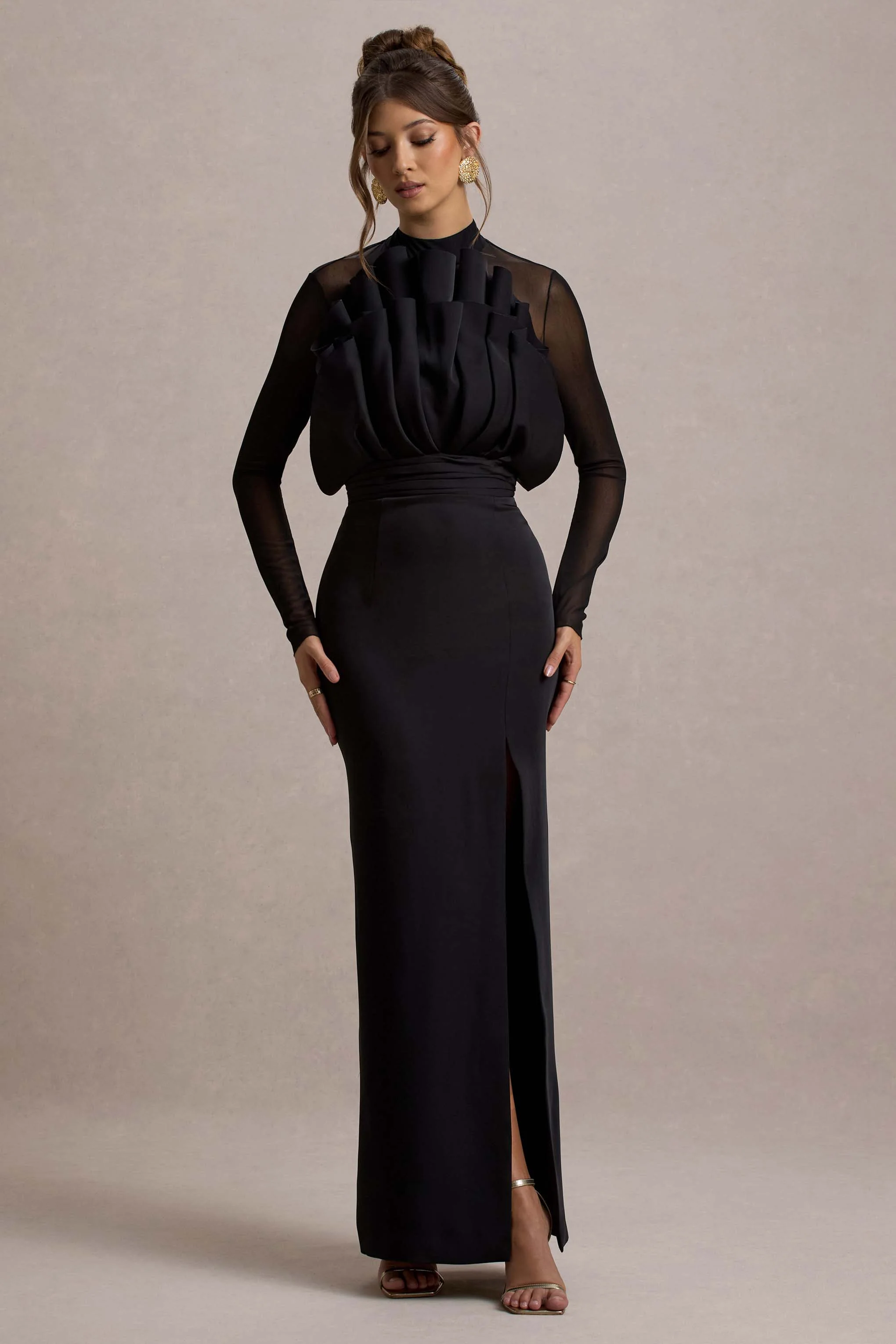 Black Mesh Long-Sleeve Ruffled Split Maxi Dress