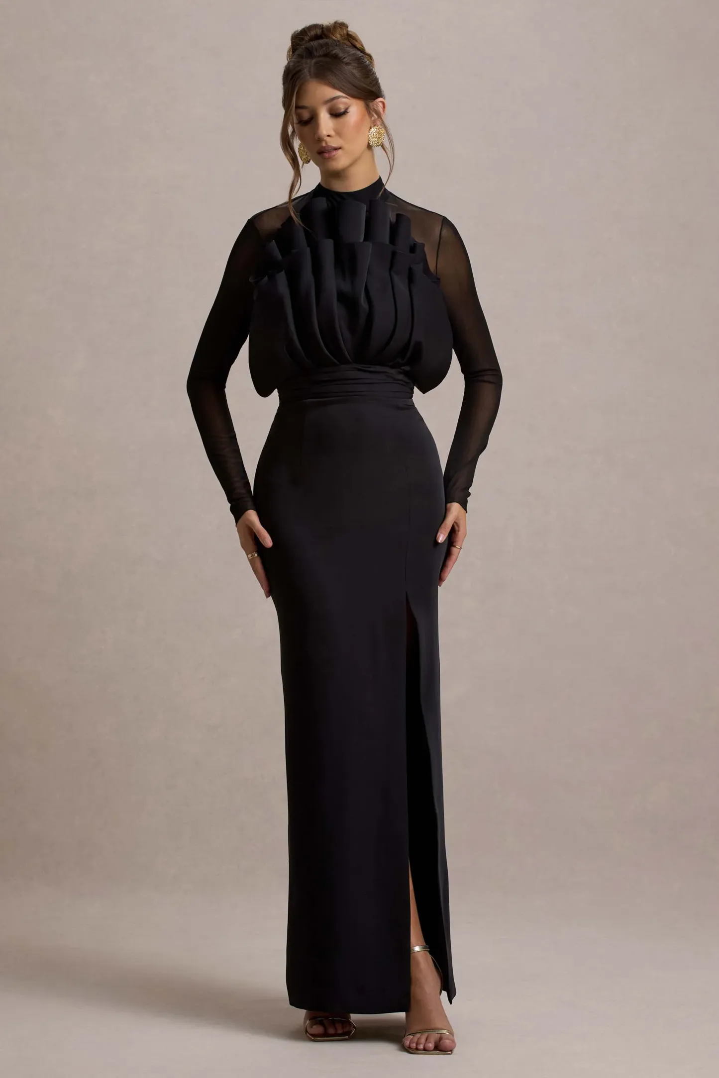 Black Mesh Long-Sleeve Ruffled Split Maxi Dress