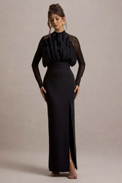 Black Mesh Long-Sleeve Ruffled Split Maxi Dress