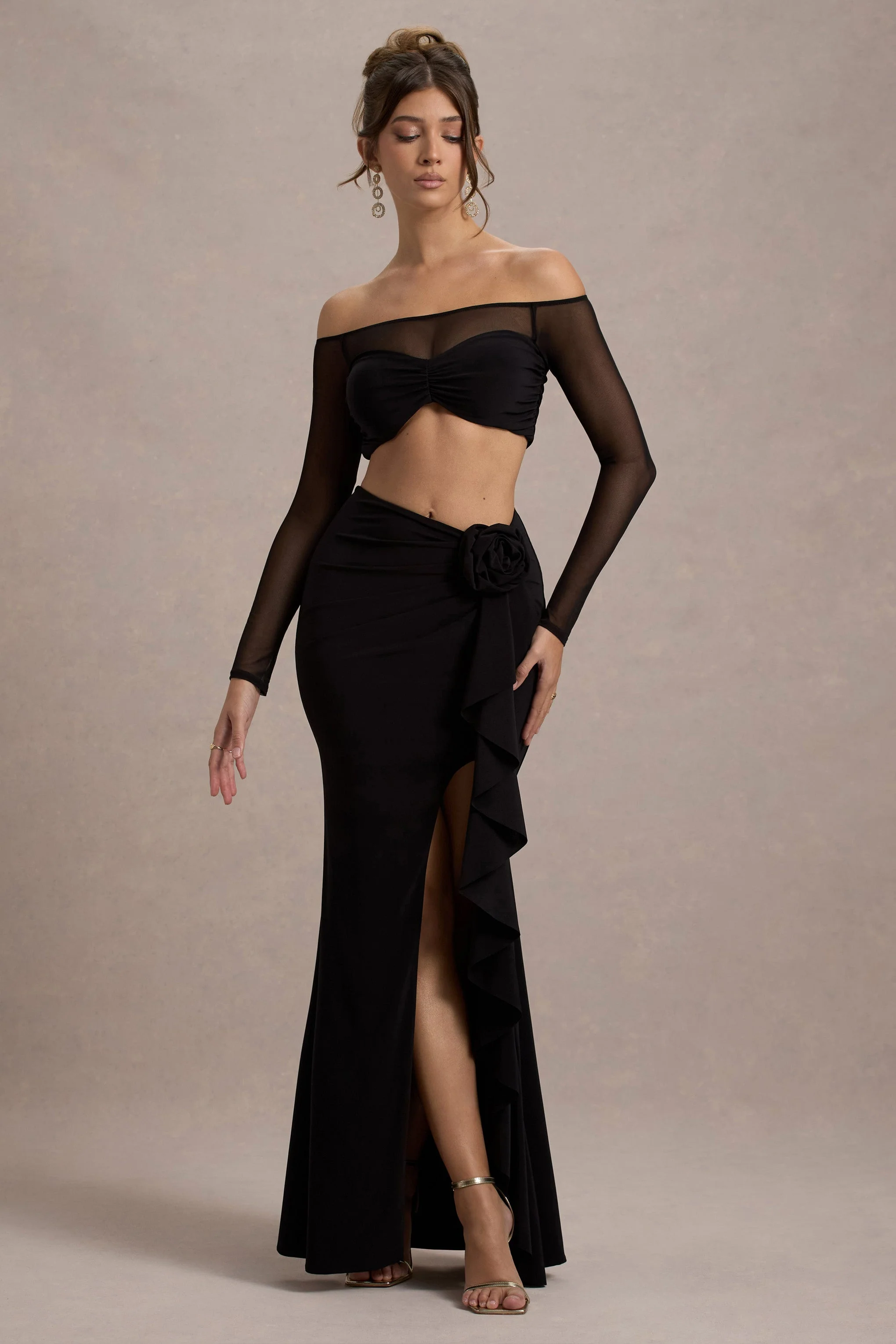 Black Ruched Split Maxi Skirt