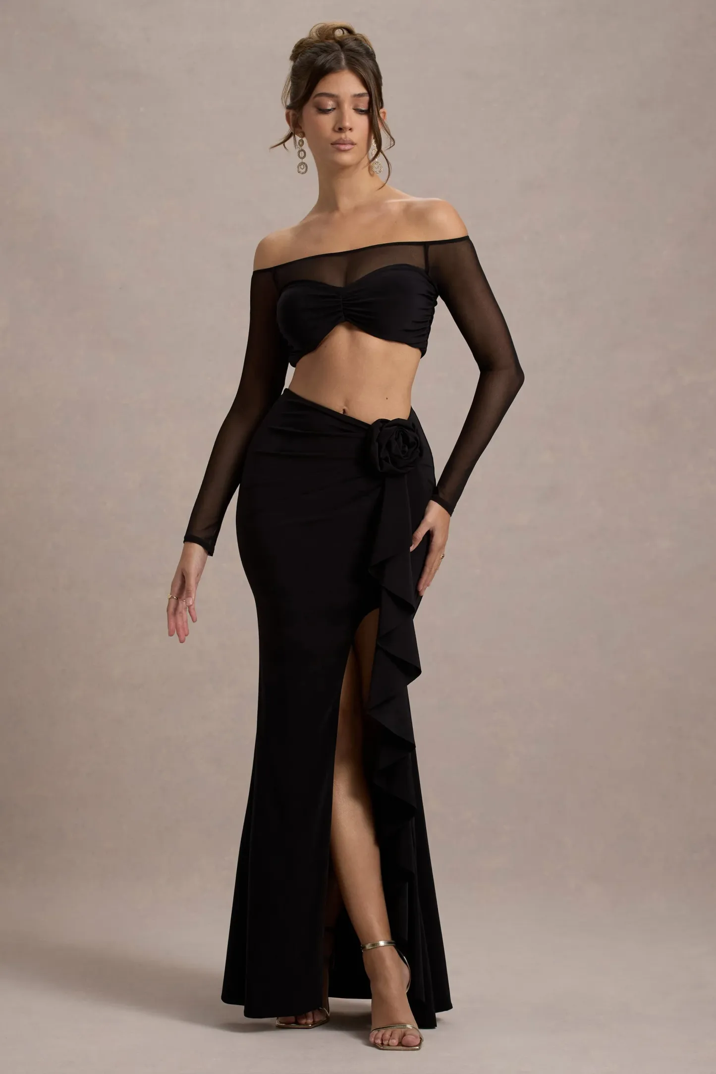 Black Ruched Split Maxi Skirt