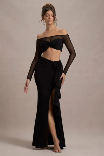 Black Ruched Split Maxi Skirt