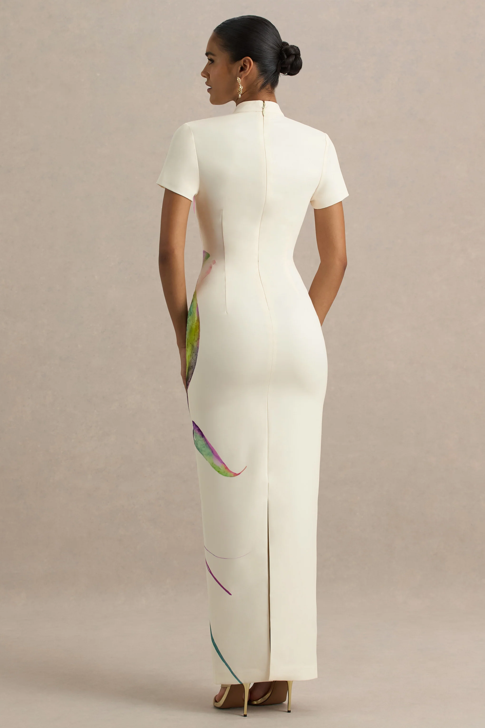 White Lily Print High-Neck Maxi Dress