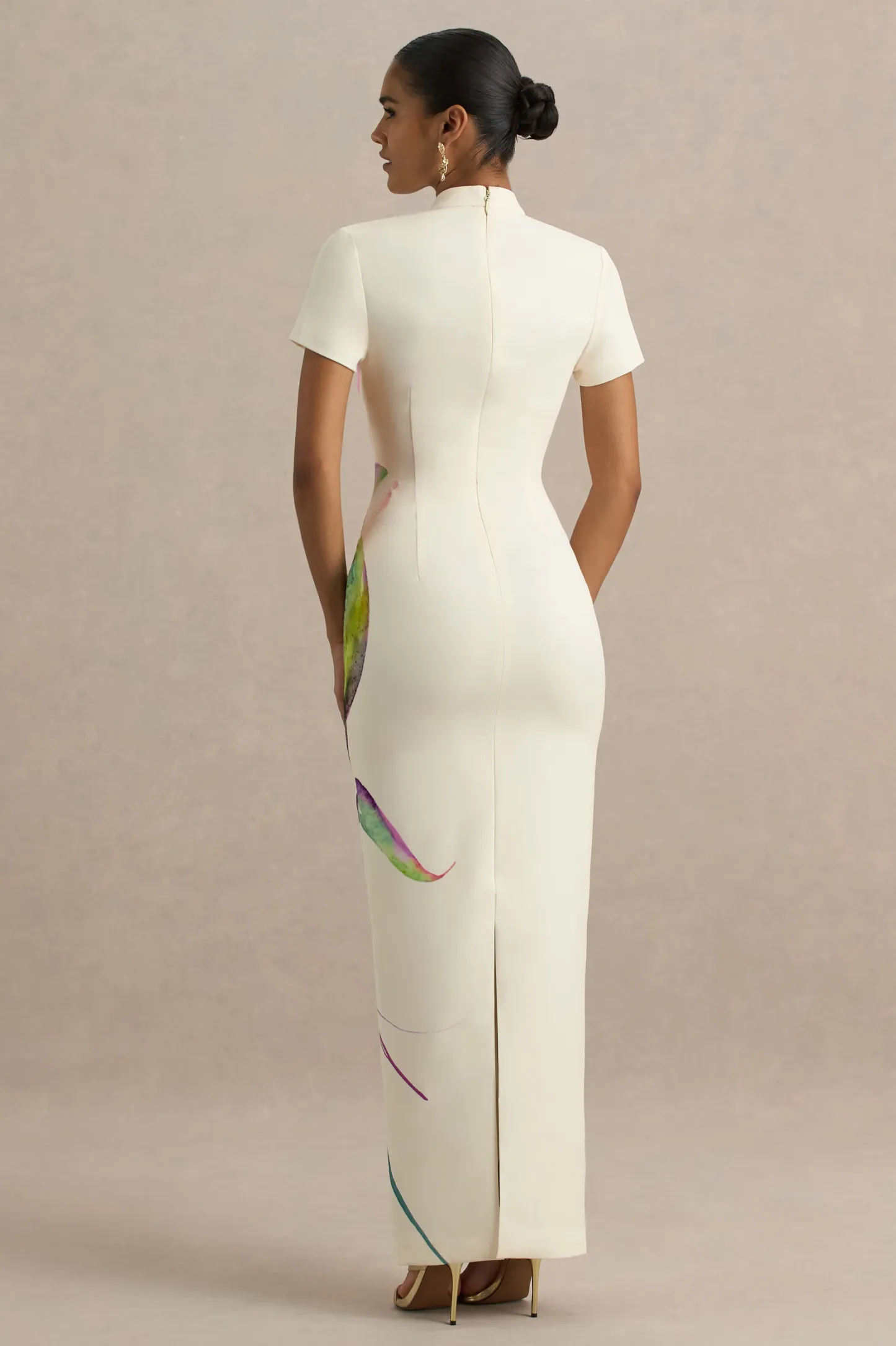 White Lily Print High-Neck Maxi Dress