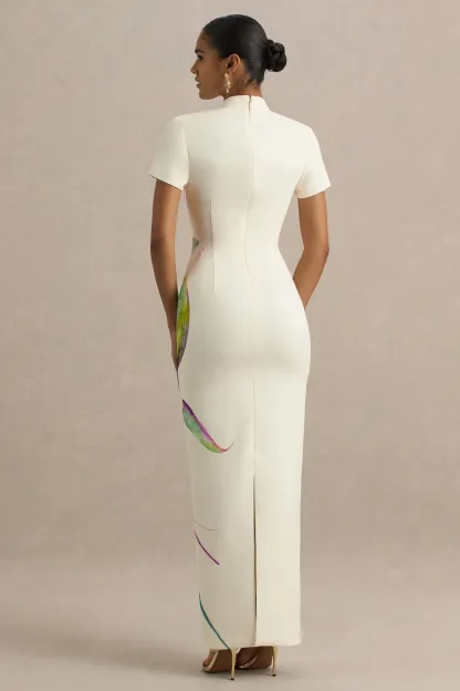 White Lily Print High-Neck Maxi Dress