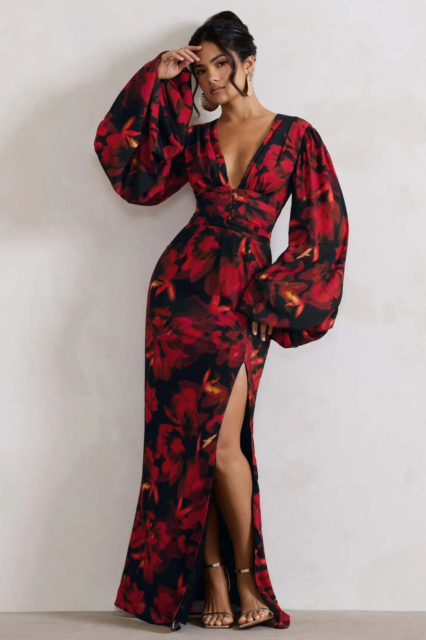 Red Floral Print V-Neck Balloon Sleeve Maxi Dress