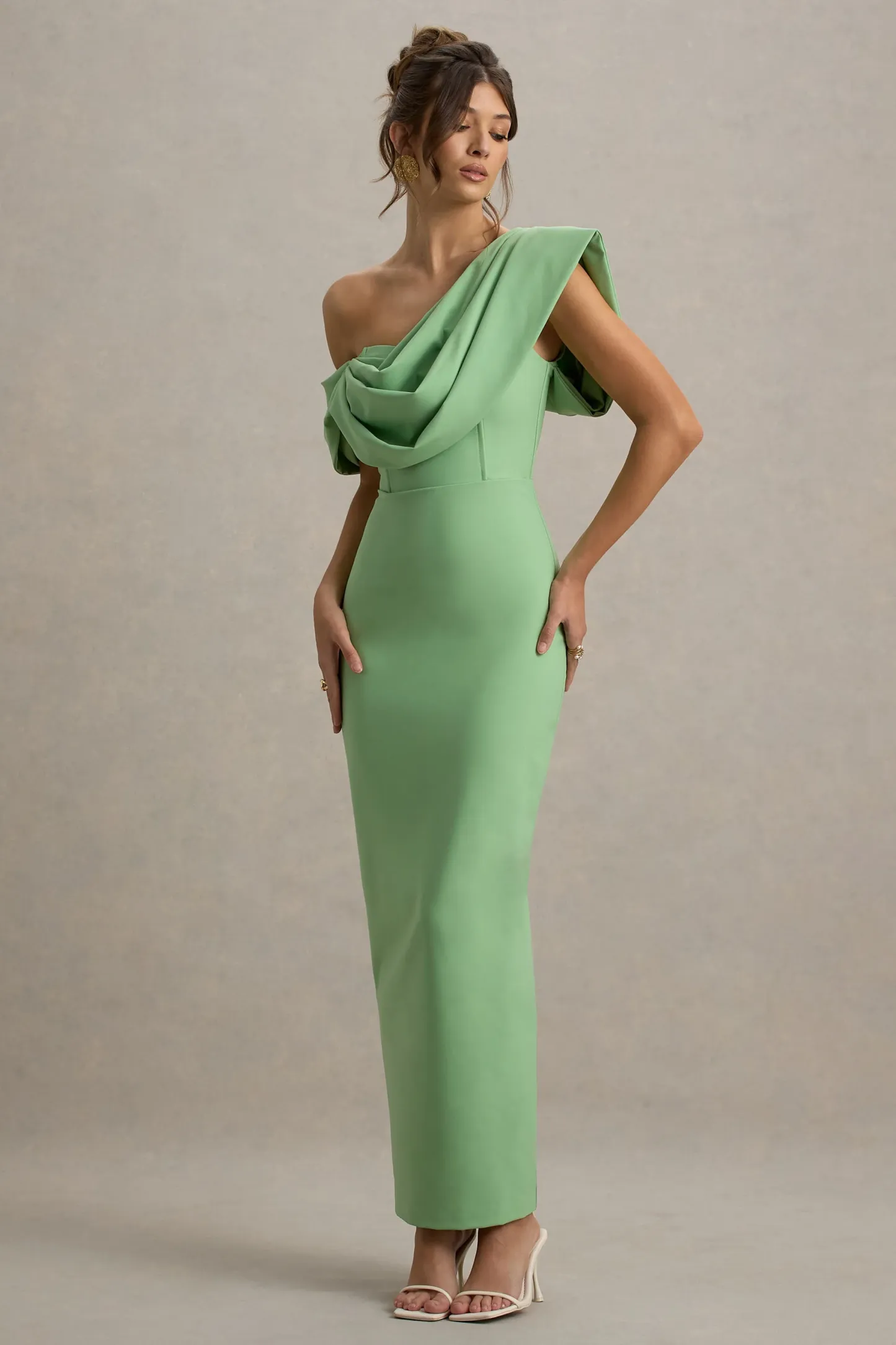 Green Draped Shoulder Maxi Dress
