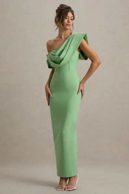 Green Draped Shoulder Maxi Dress