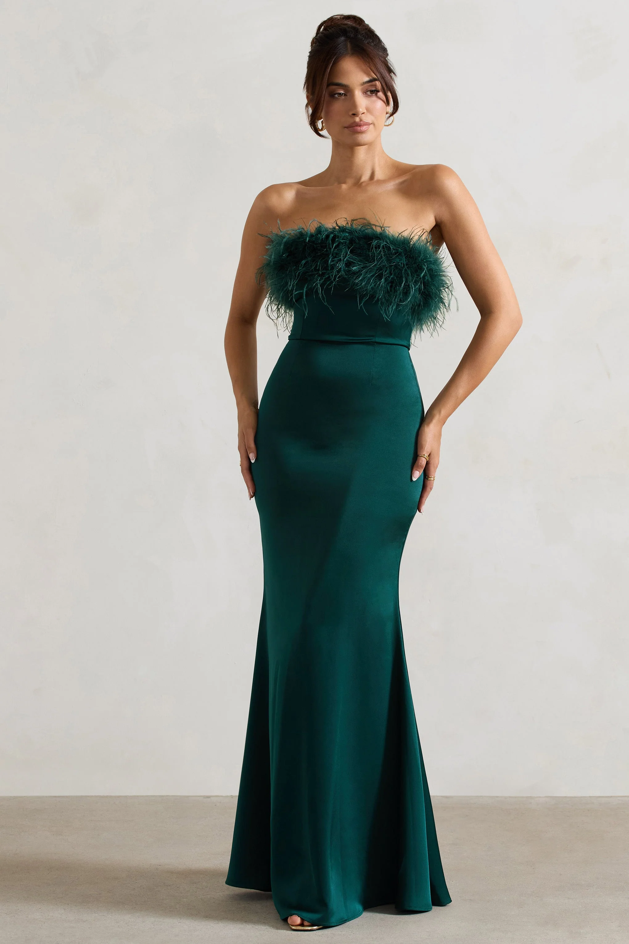 Bottle Green Satin Feather Trim Bandeau Maxi Dress