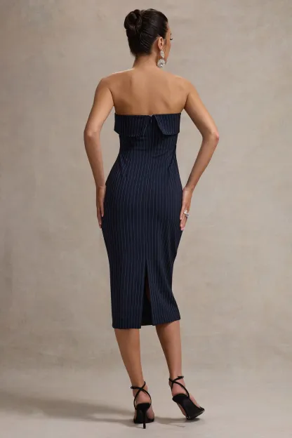 Navy Pinstripe Strapless Midi Dress