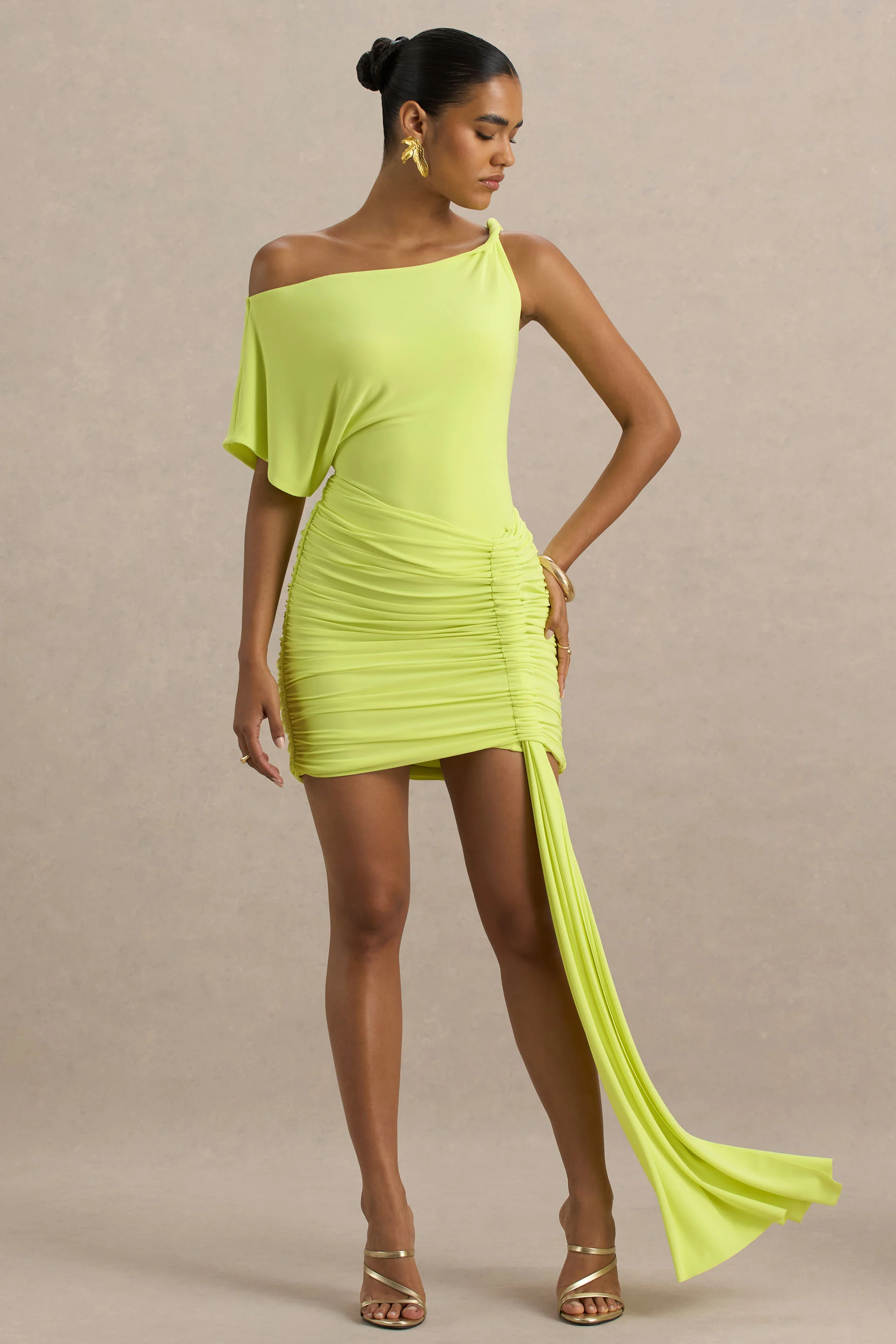 Lime Green Asymmetric Ruched Mini Dress With Sash