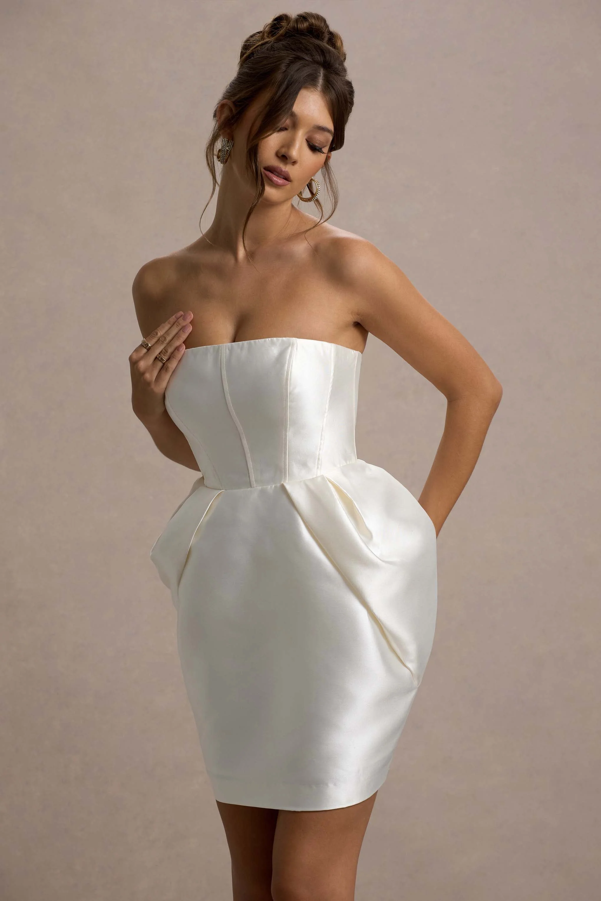 Ivory Bandeau Mini Dress With Tulip Skirt