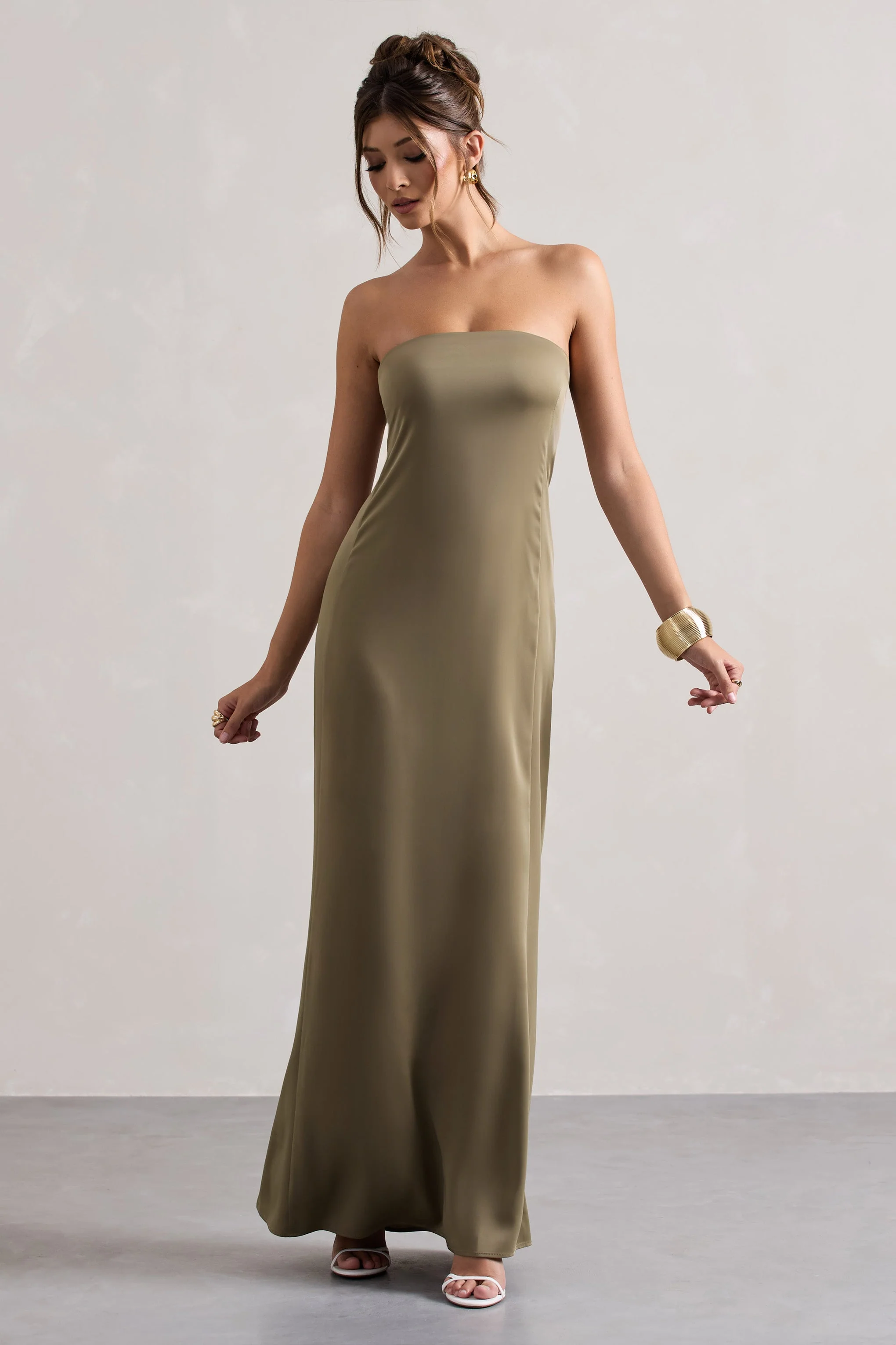 Olive Satin Bandeau Maxi Dress