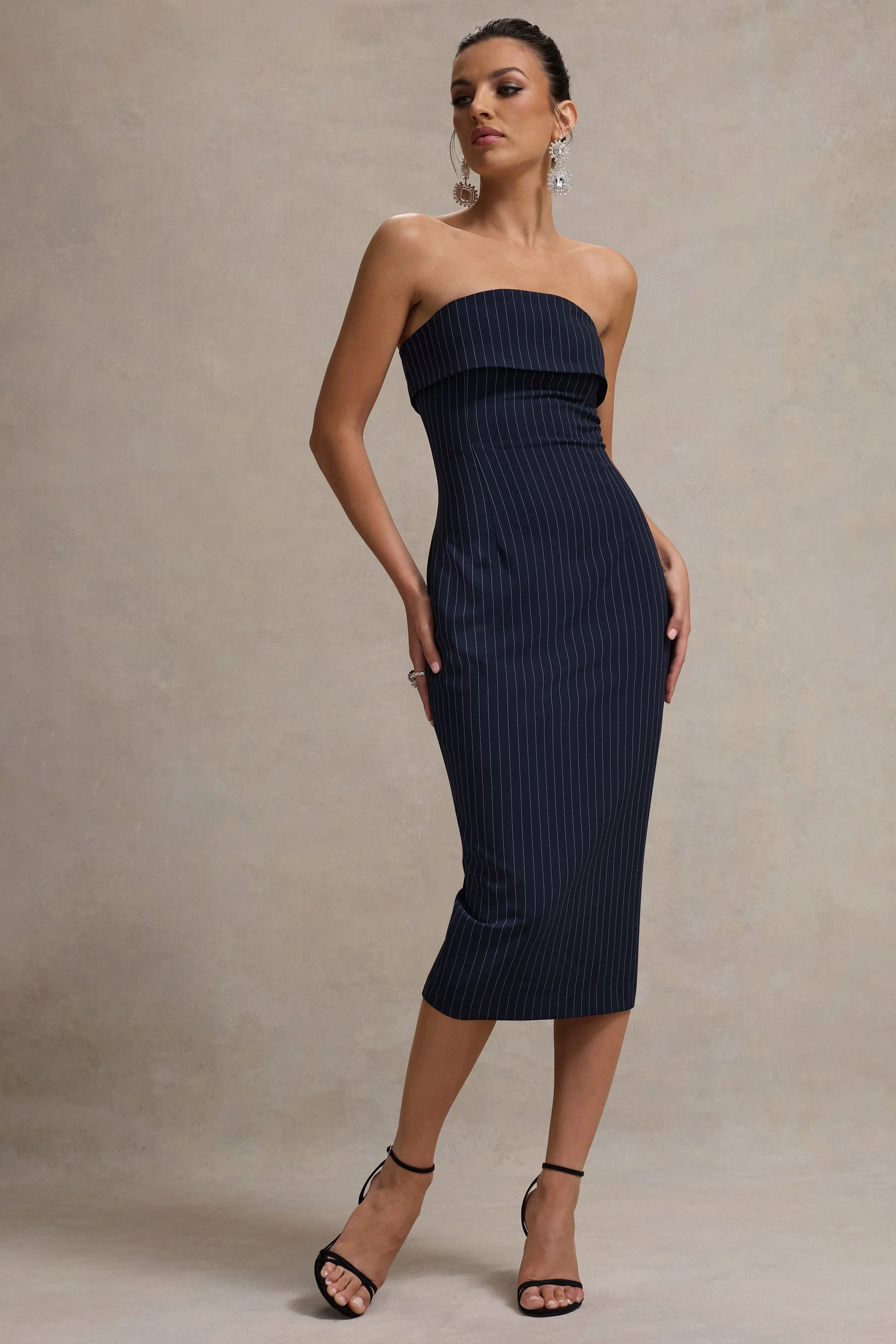 Navy Pinstripe Strapless Midi Dress