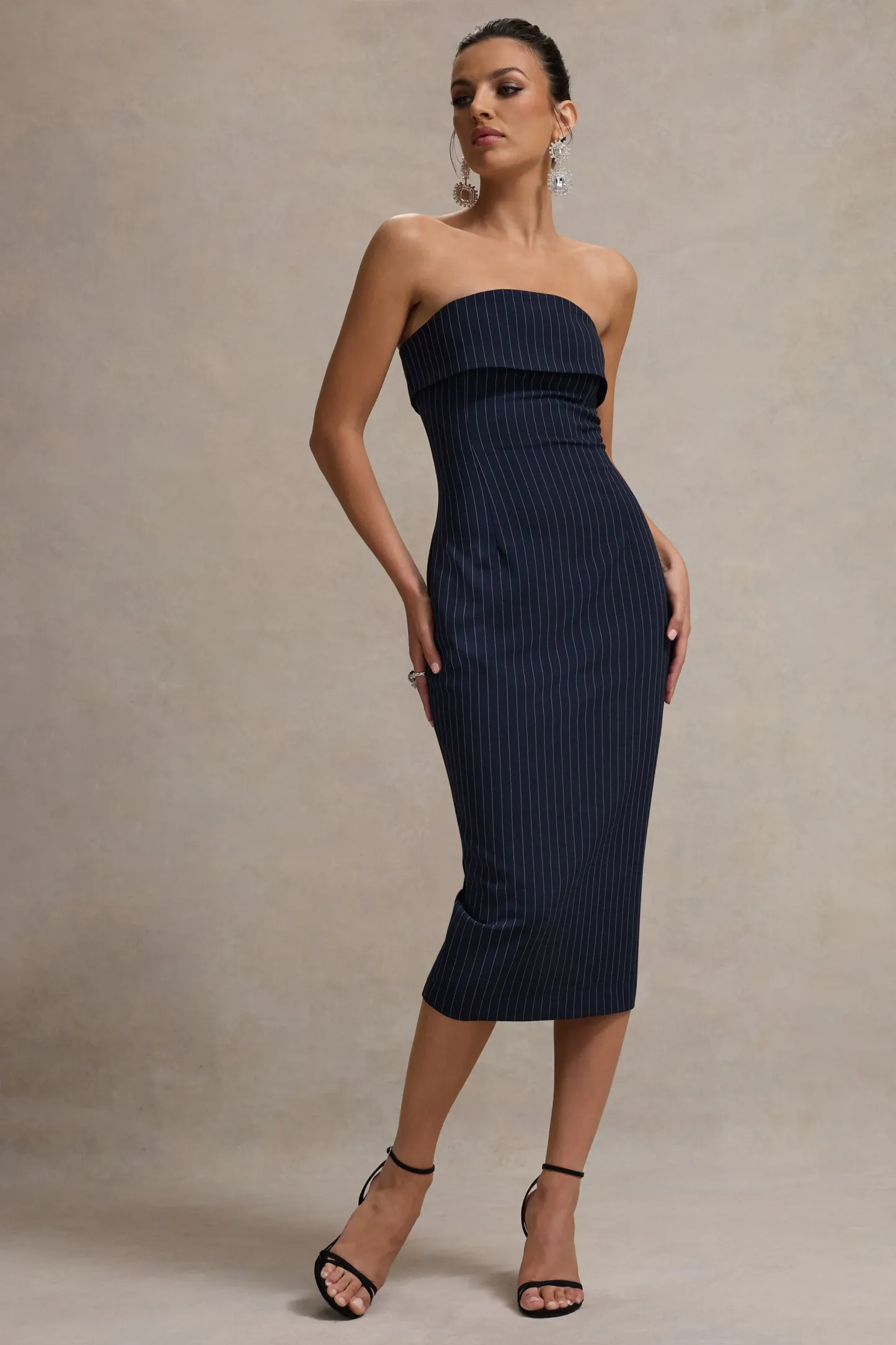 Navy Pinstripe Strapless Midi Dress