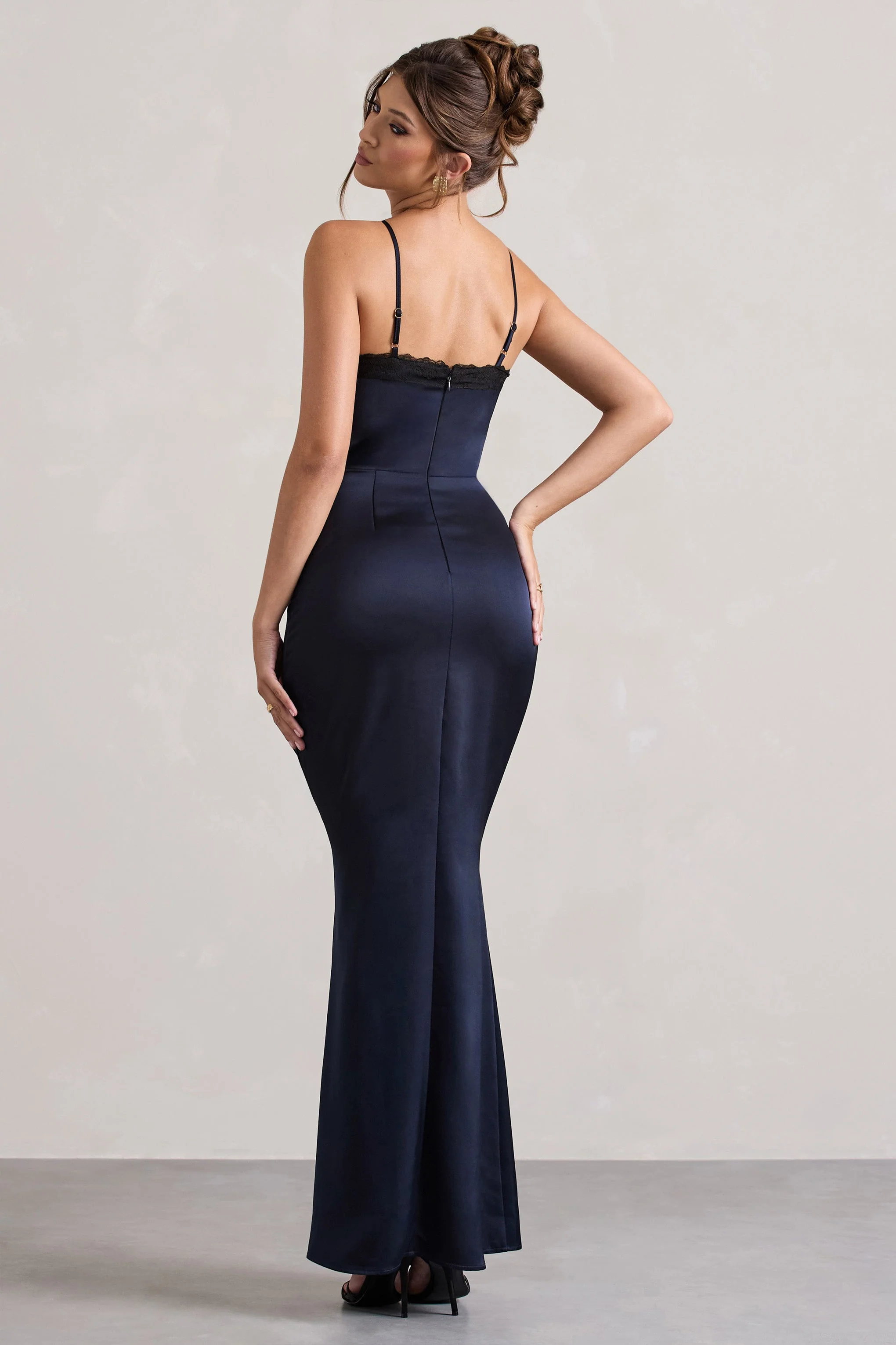 Navy Satin Cut-Out Maxi Dress With Lace Trim