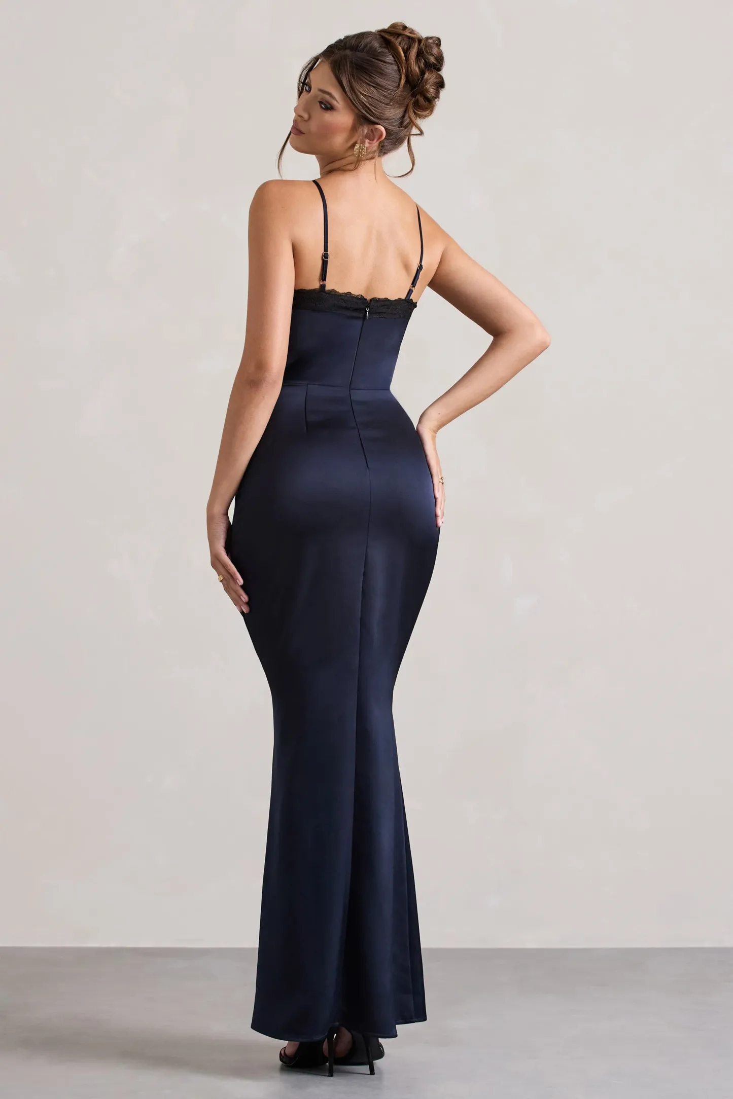 Navy Satin Cut-Out Maxi Dress With Lace Trim