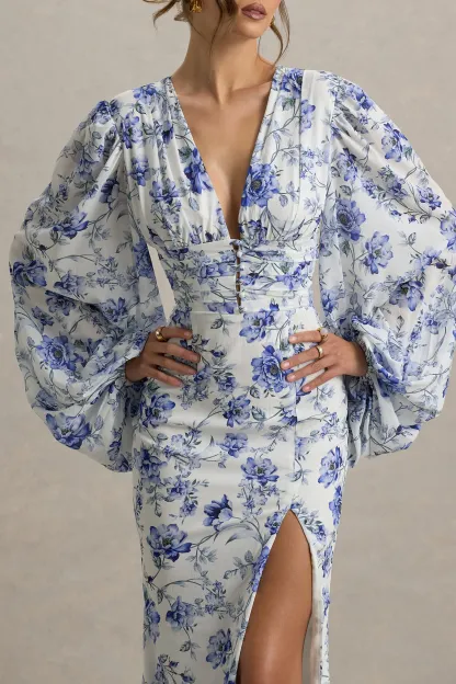 Blue Floral Print V-Neck Balloon Sleeve Maxi Dress