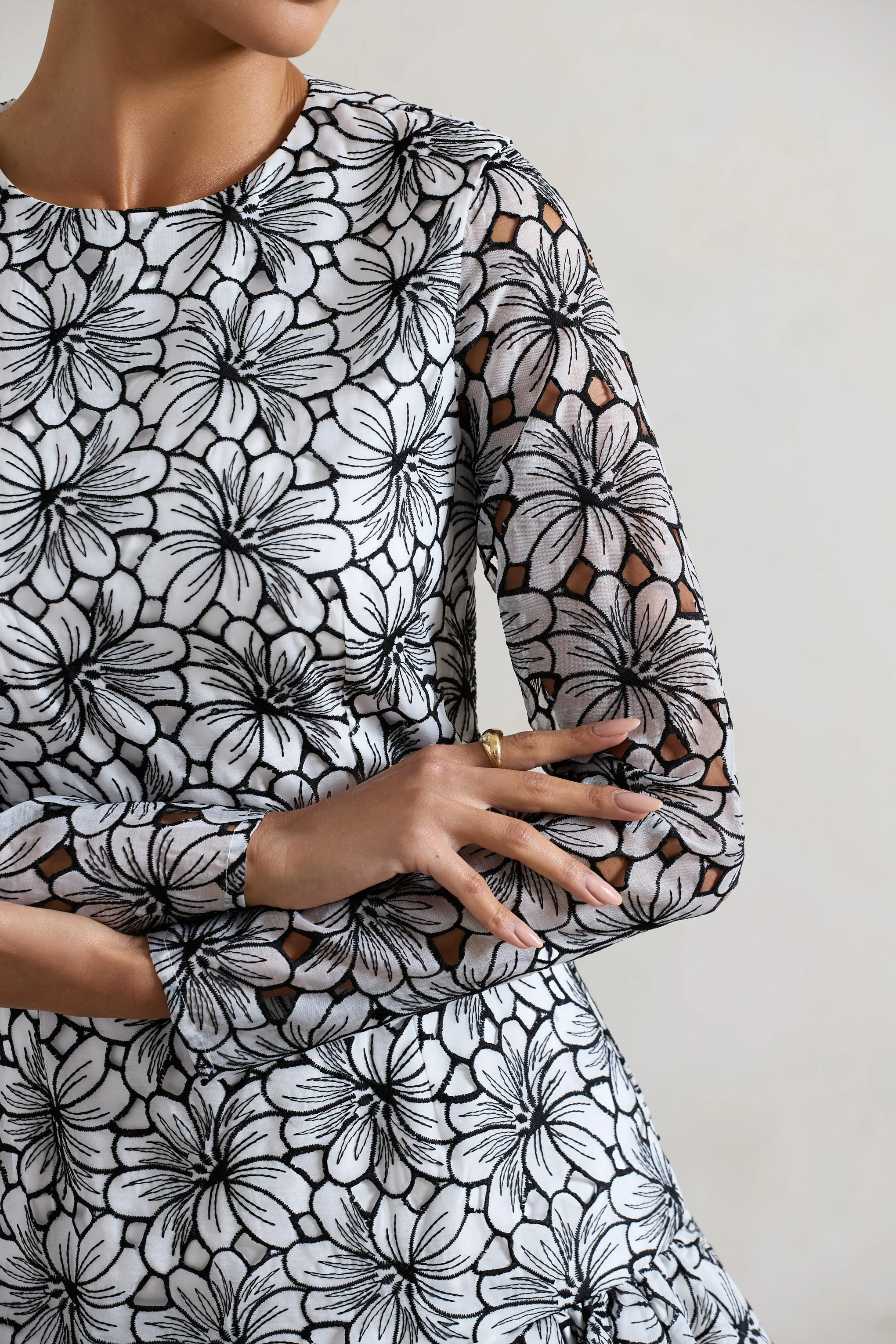 Black & White Lace Long-Sleeve Mini Dress With Ruffle Hem