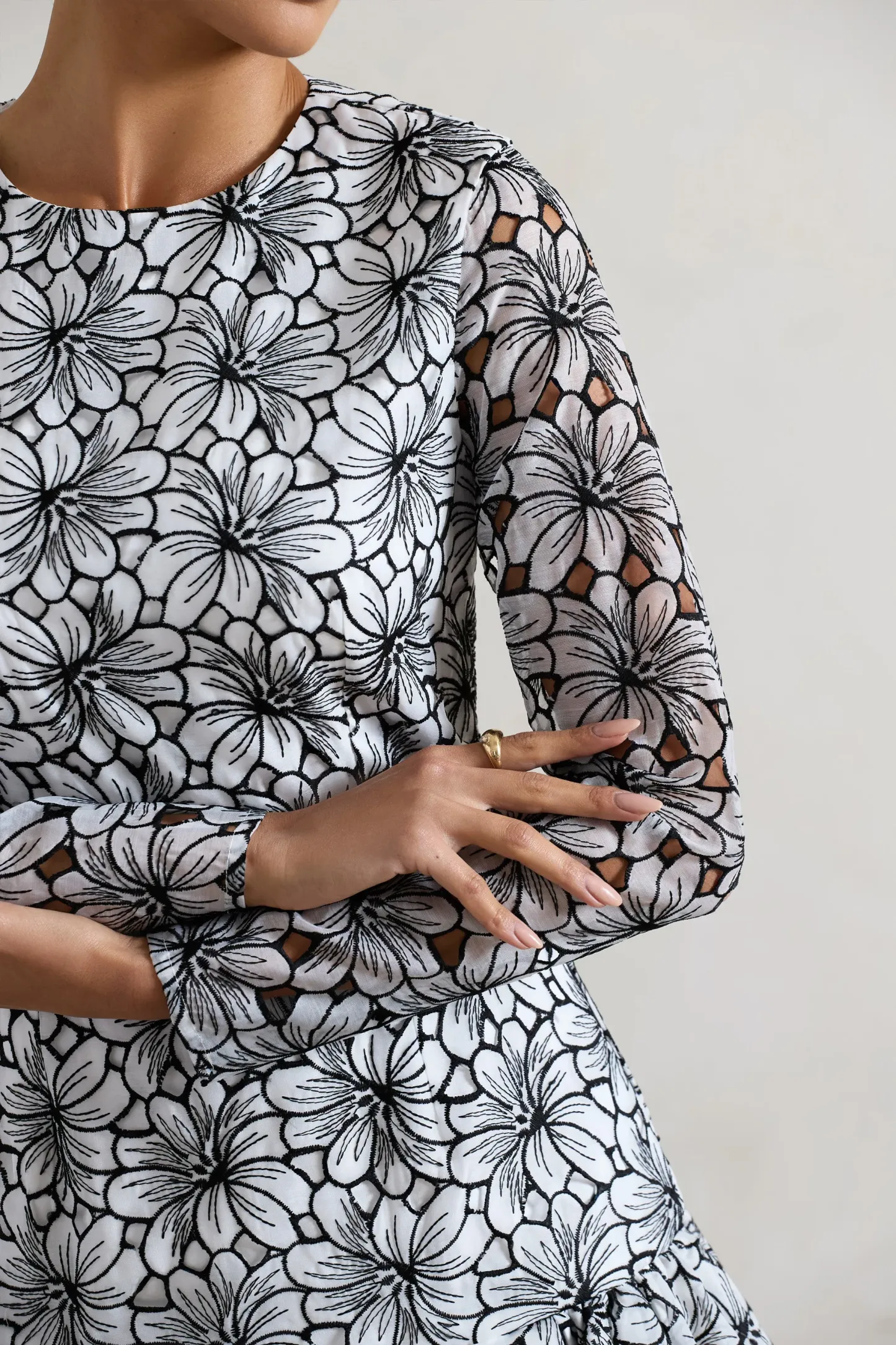 Black & White Lace Long-Sleeve Mini Dress With Ruffle Hem