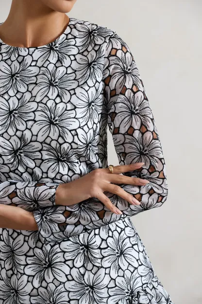 Black & White Lace Long-Sleeve Mini Dress With Ruffle Hem