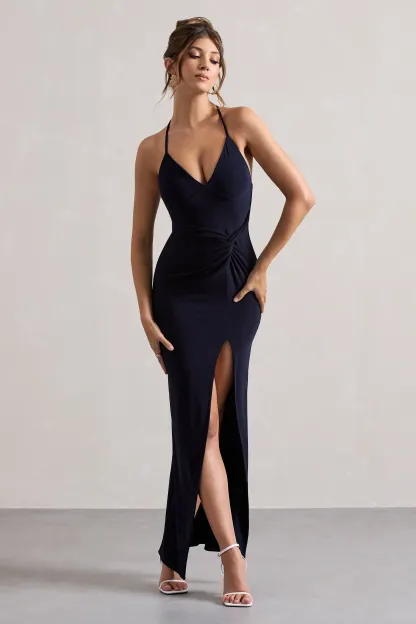 Navy Halter-Neck Wrap Maxi Dress