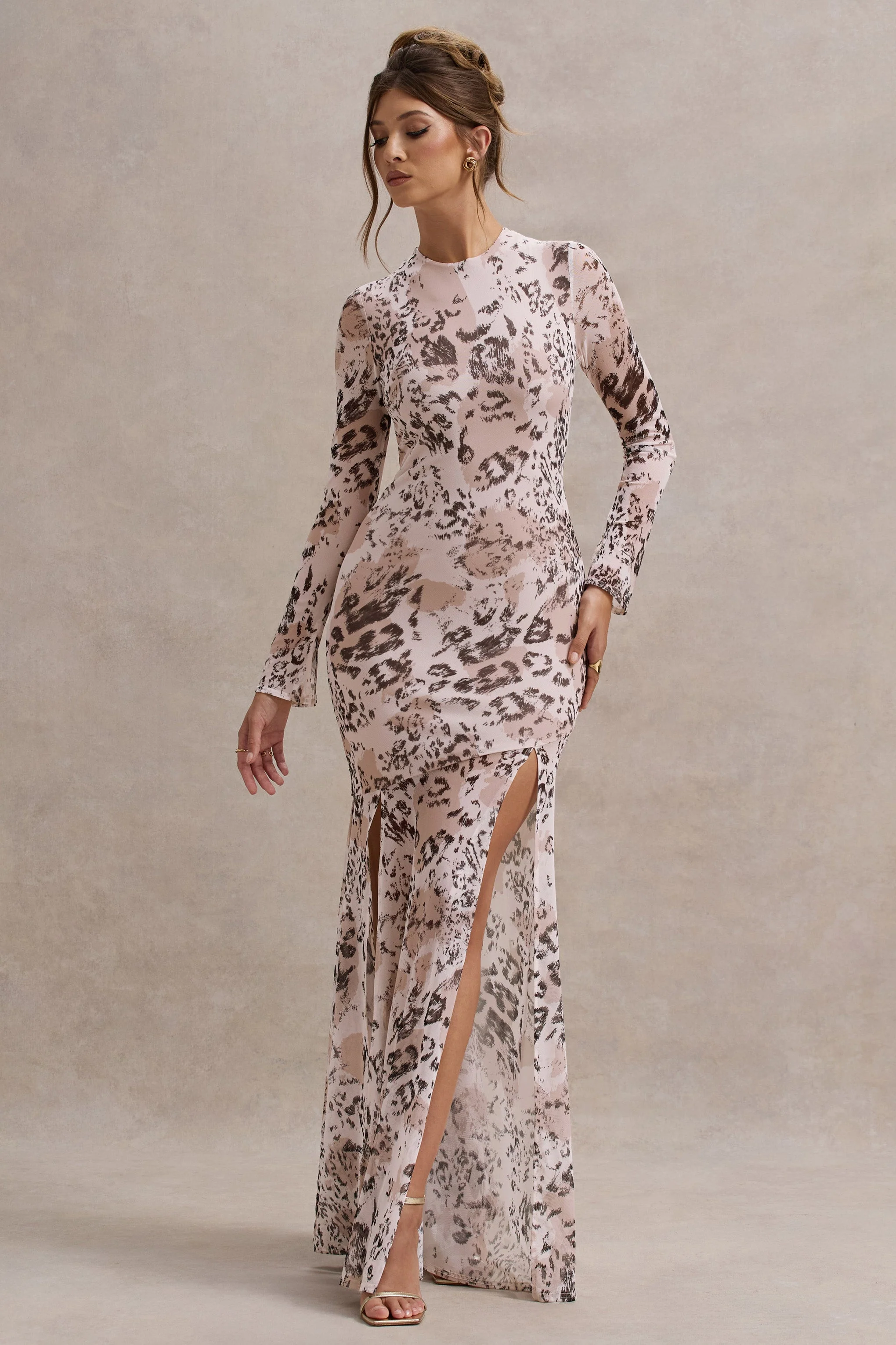 Leopard Print Mesh Long-Sleeve Open-Back Maxi Dress