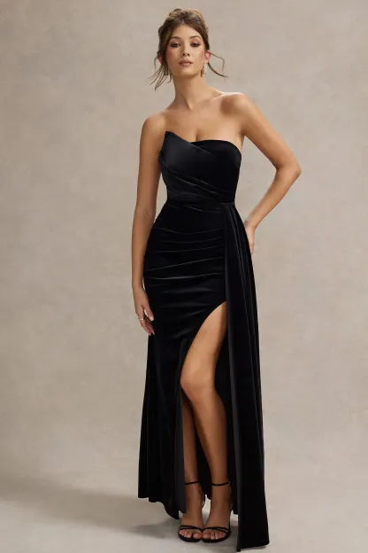 Black Velvet Strapless Draped Maxi Dress