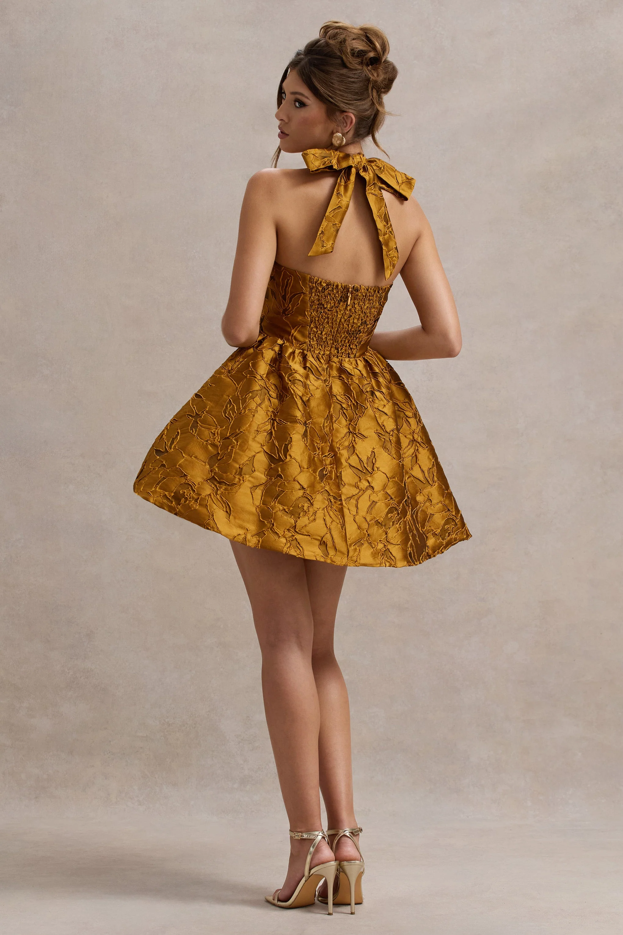Mustard Floral Print Sweetheart Neck Mini Dress