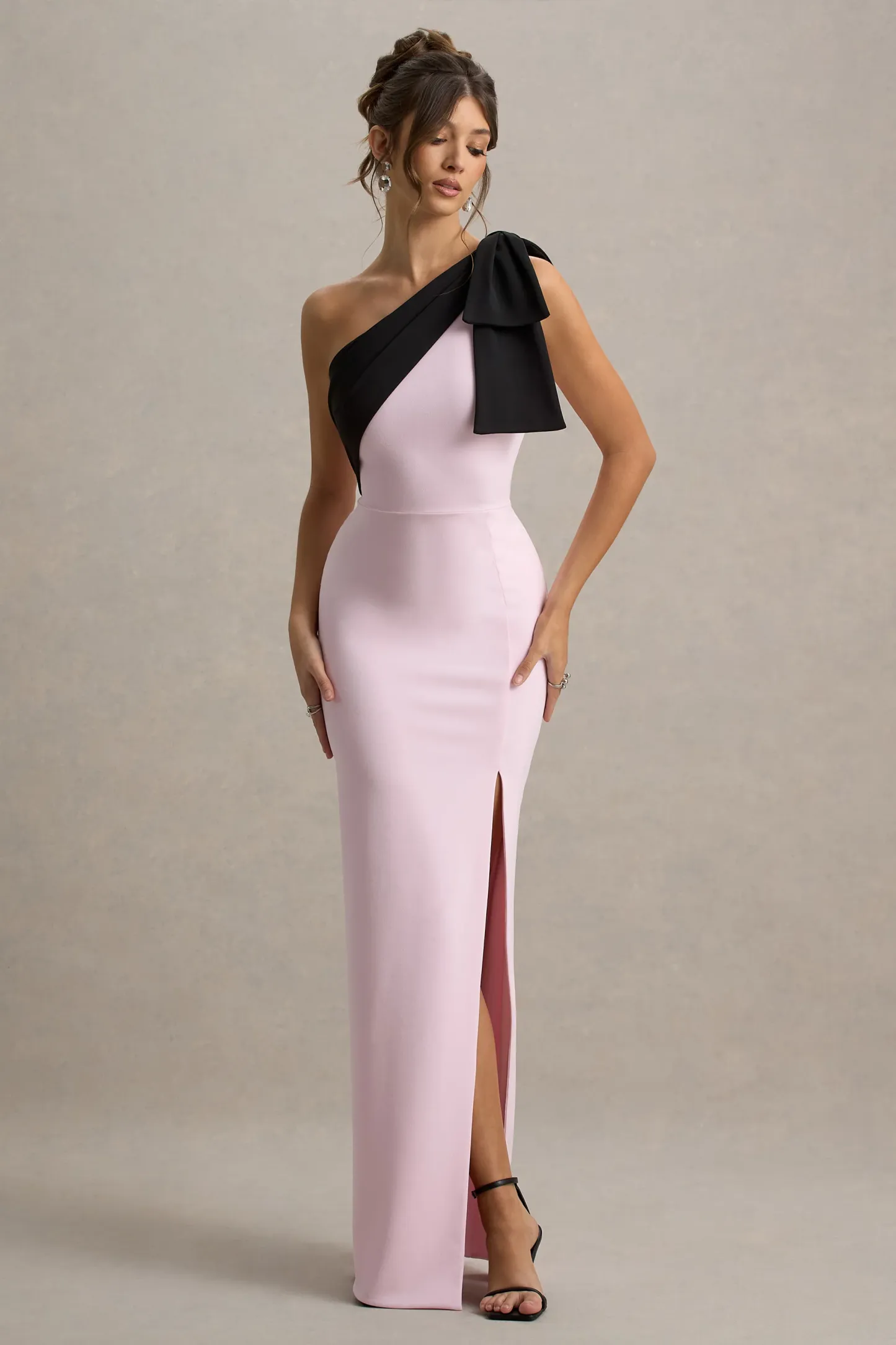 Pink & Black One-Shoulder Bow Maxi Dress