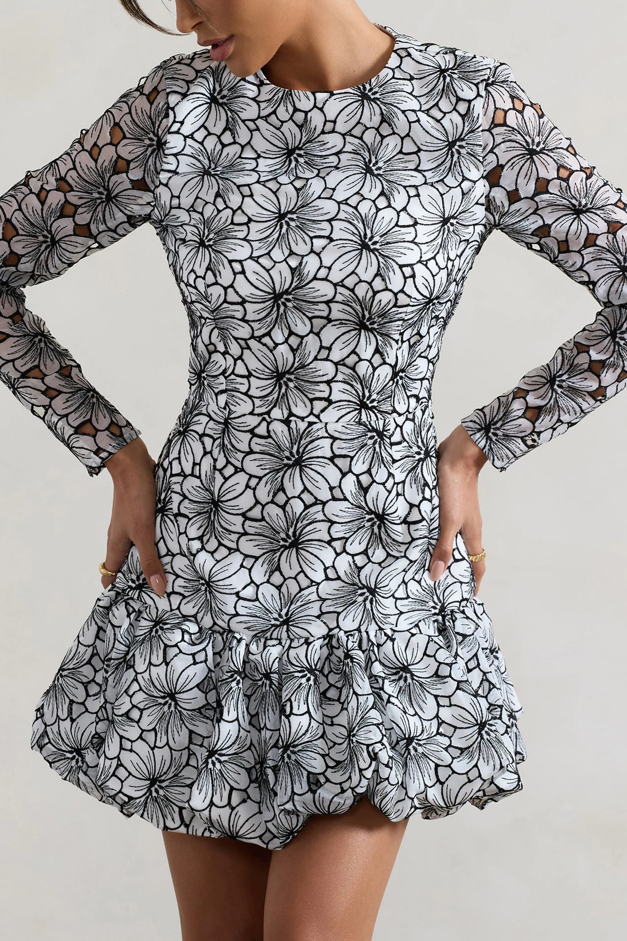 Black & White Lace Long-Sleeve Mini Dress With Ruffle Hem