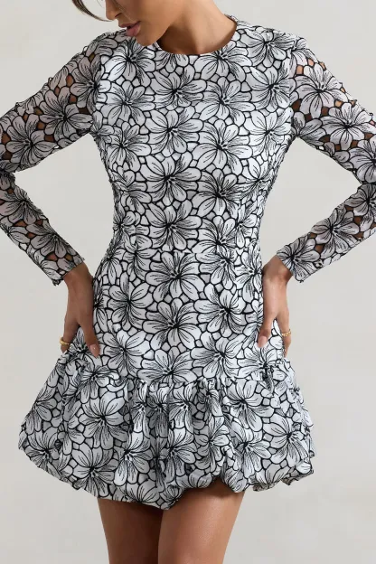 Black & White Lace Long-Sleeve Mini Dress With Ruffle Hem