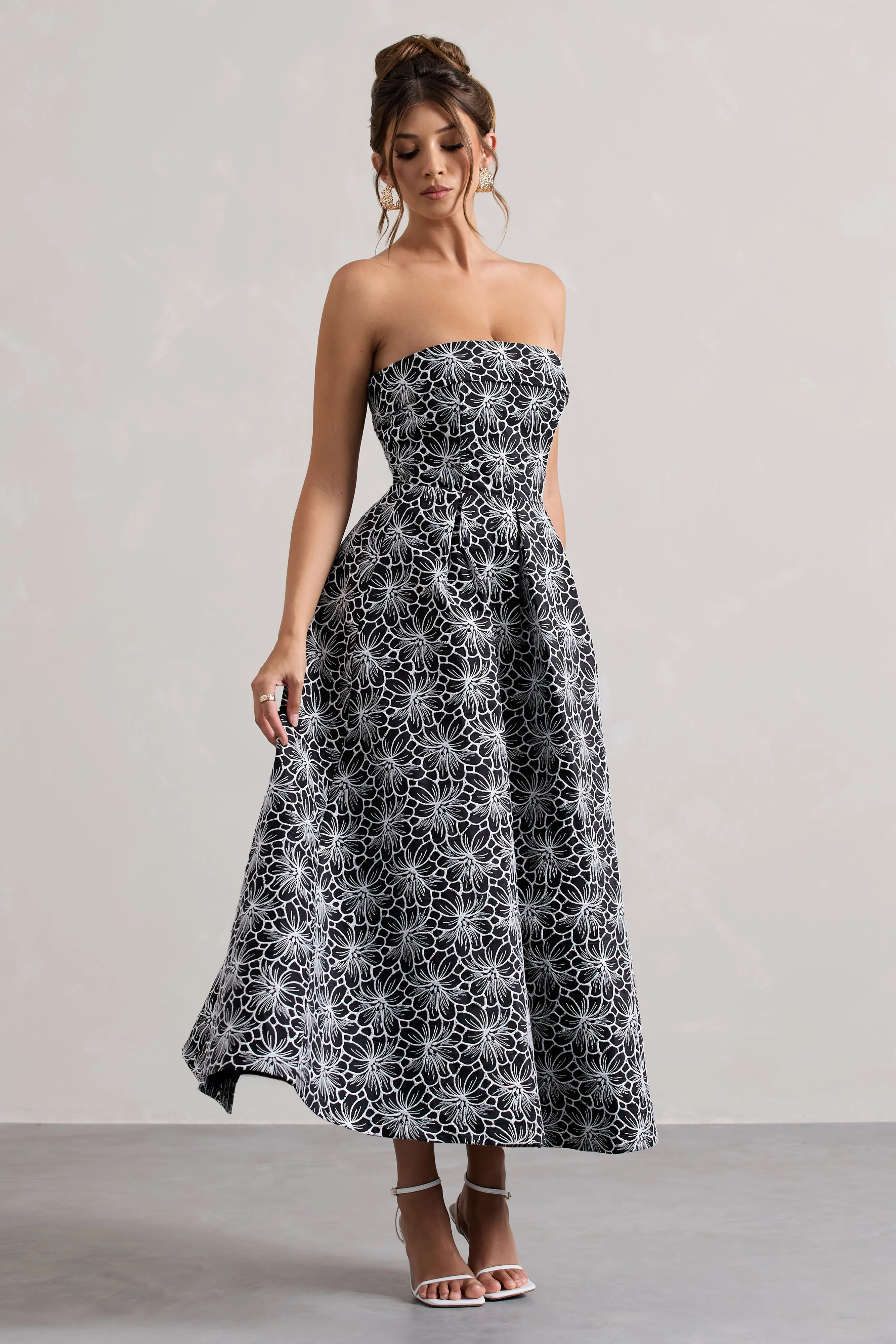 Black Lace Strapless Midi Dress