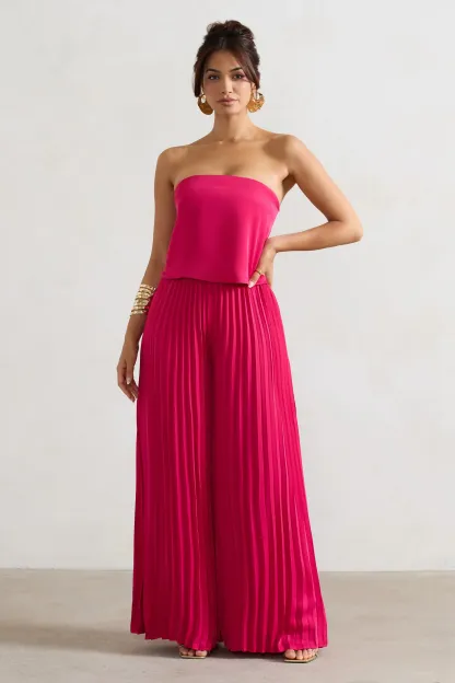Dark Pink Satin Strapless Plisse Wide-Leg Jumpsuit