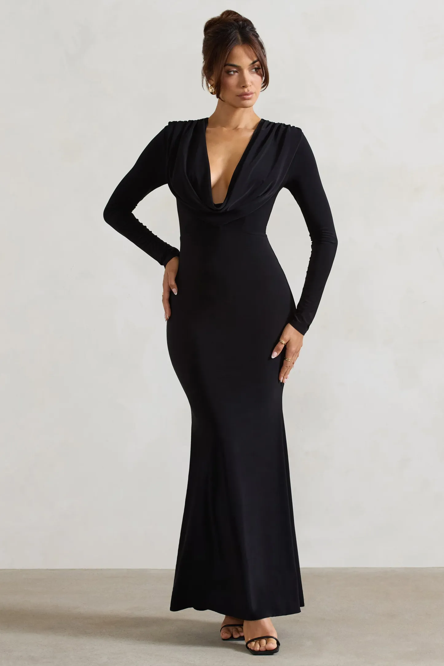 Black Cowl-Neck Long-Sleeve Maxi Dress