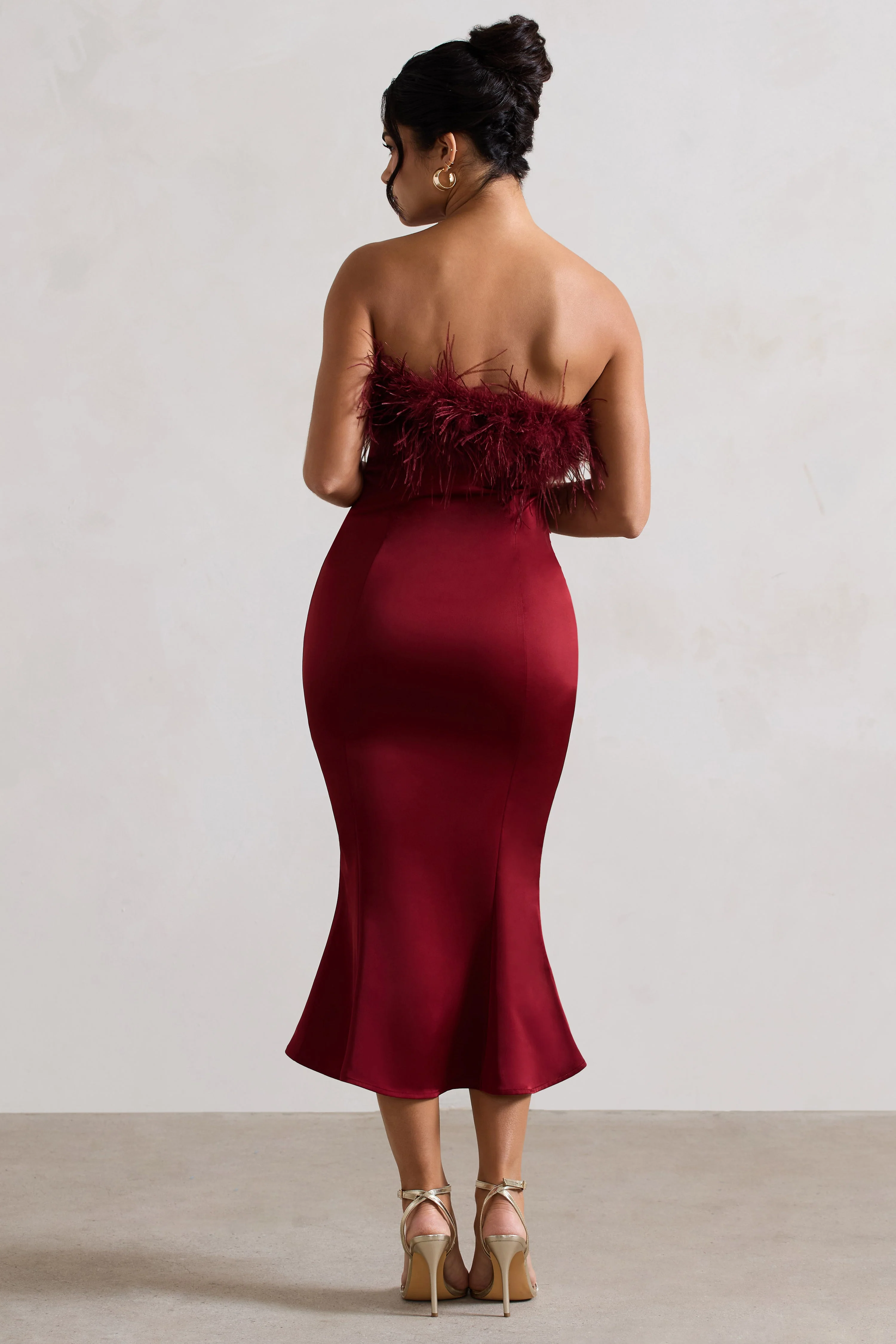 Berry Satin Feather Trim Bandeau Midi Dress