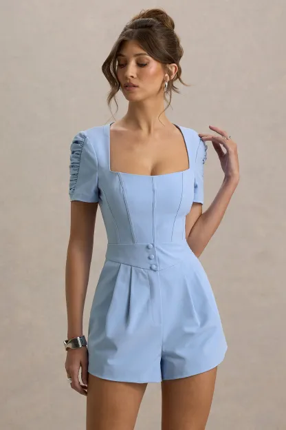 Light Blue Linen Short-Sleeve Playsuit