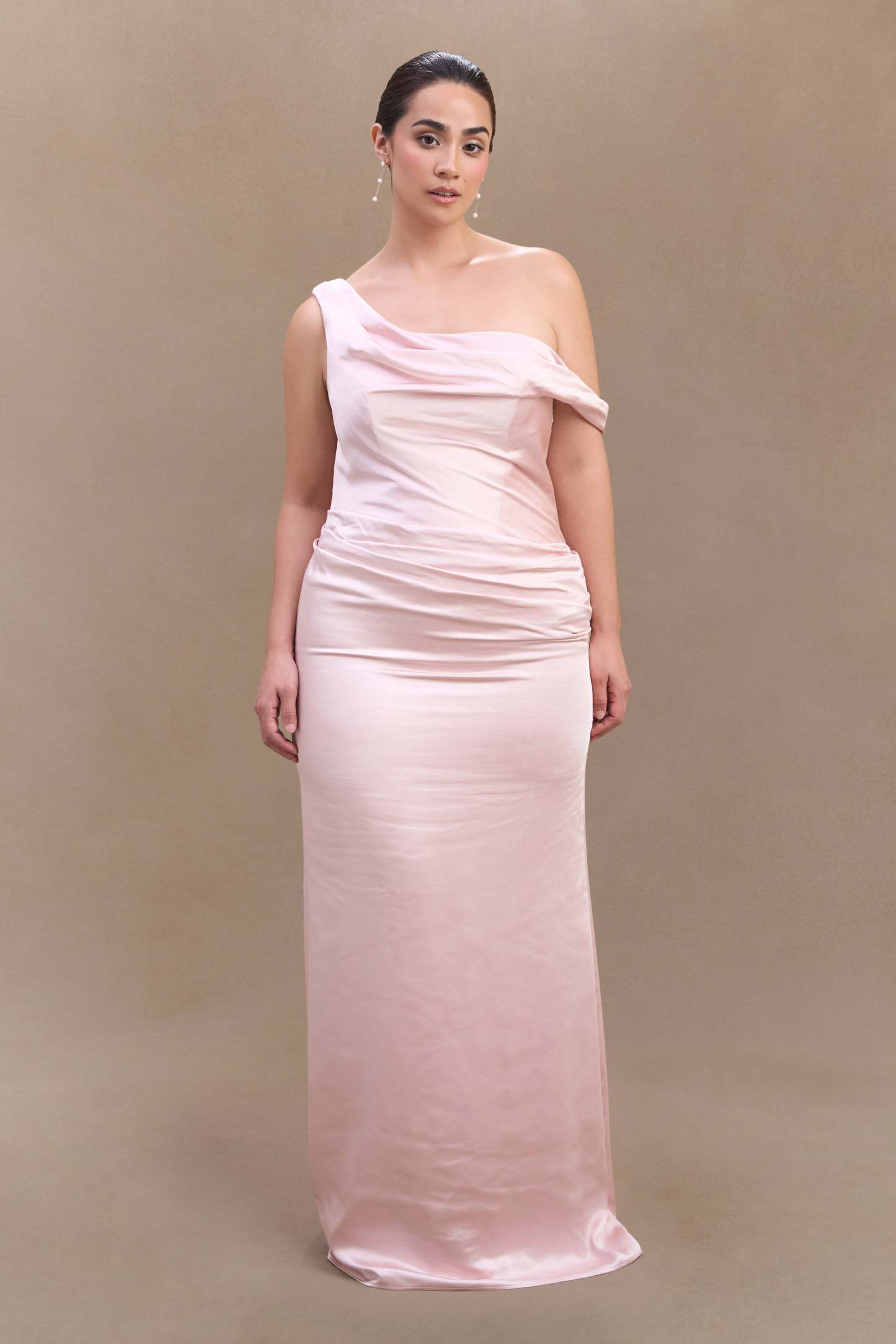 Dalia Off Shoulder Satin Maxi Dress - Soft Pink