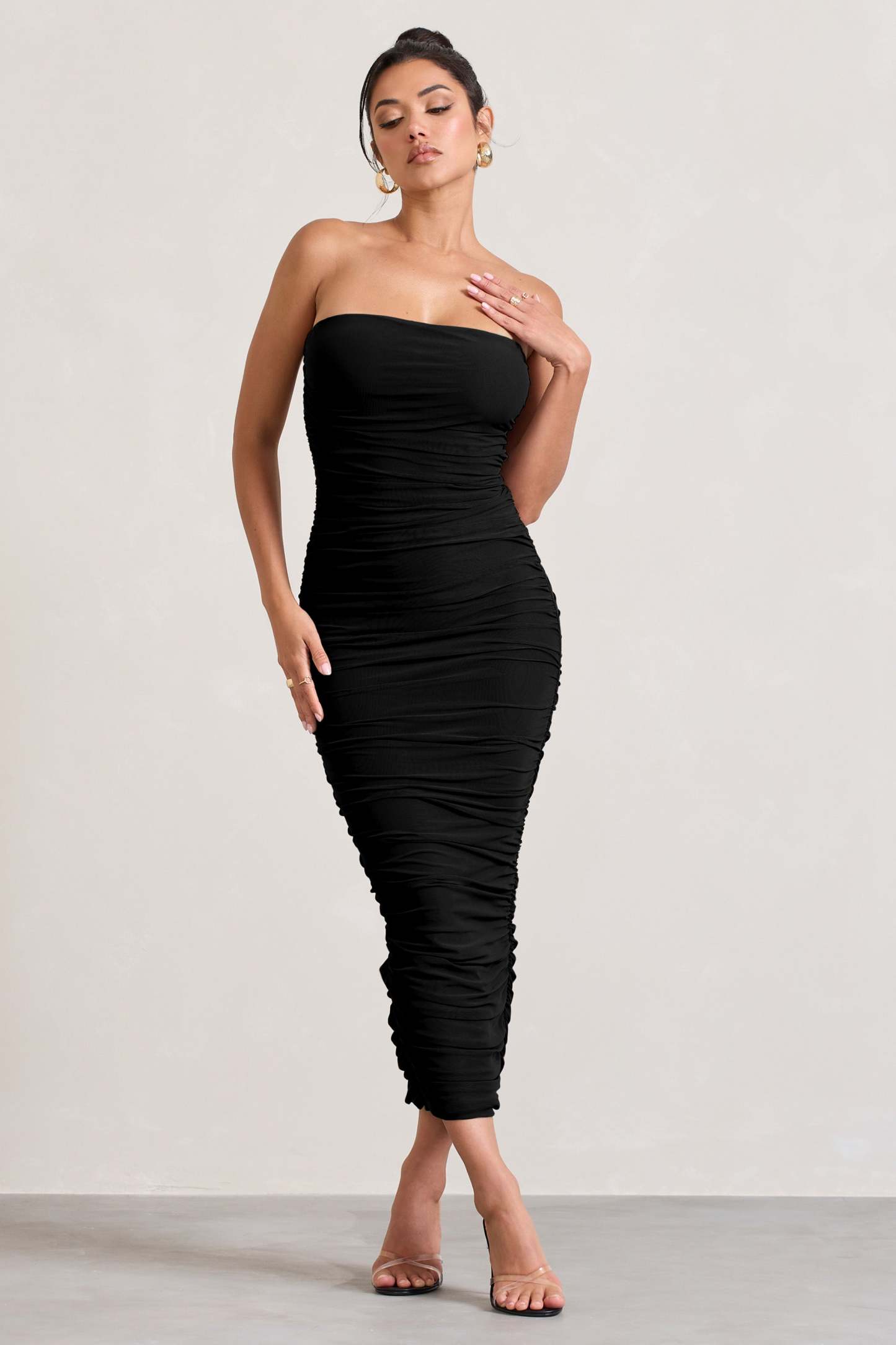 My Lady Black Strapless Bodycon Ruched Mesh Maxi Dress-Babyboo Dress Store. All Rights Reserved.