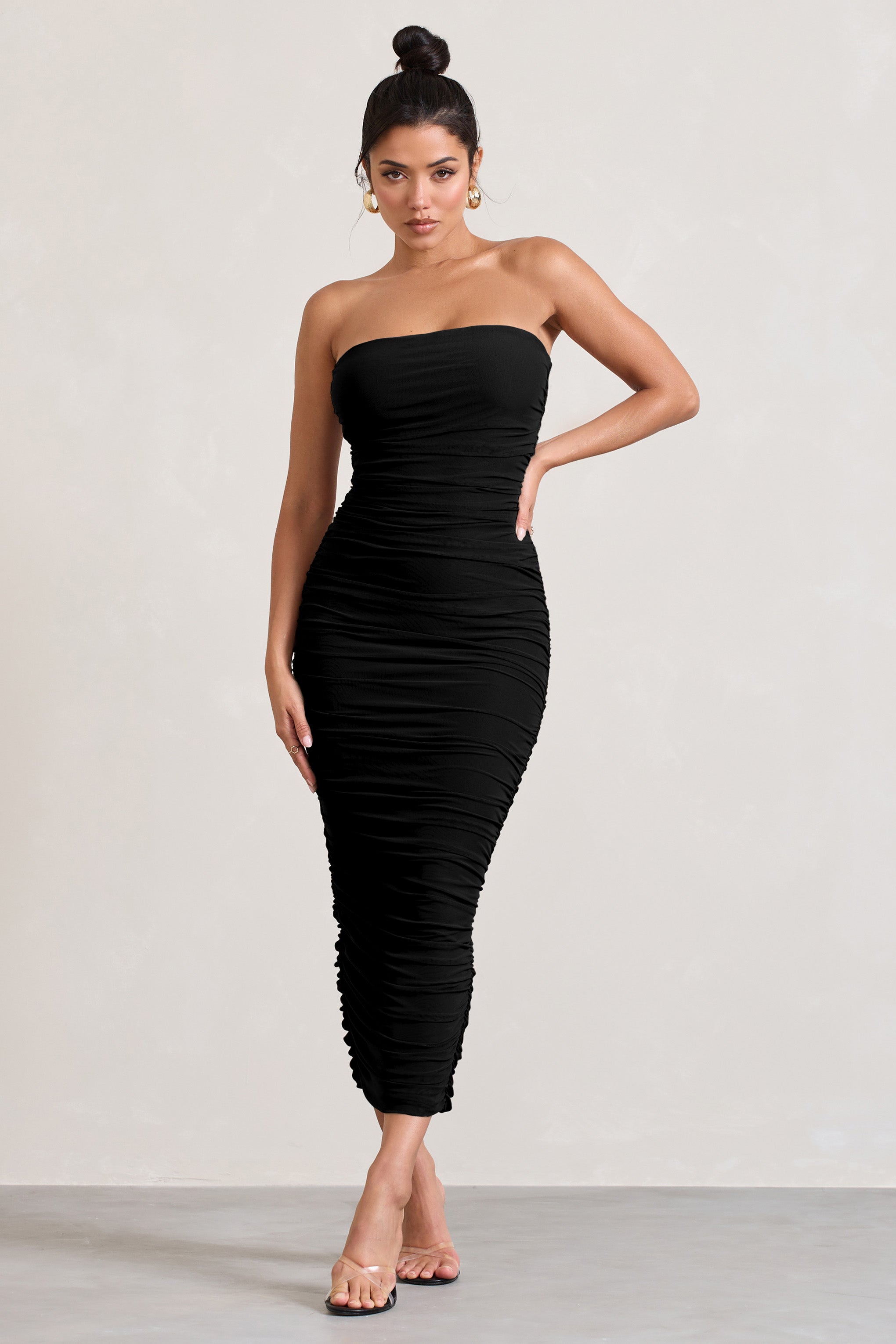 My Lady Black Strapless Bodycon Ruched Mesh Maxi Dress-Babyboo Dress Store. All Rights Reserved.