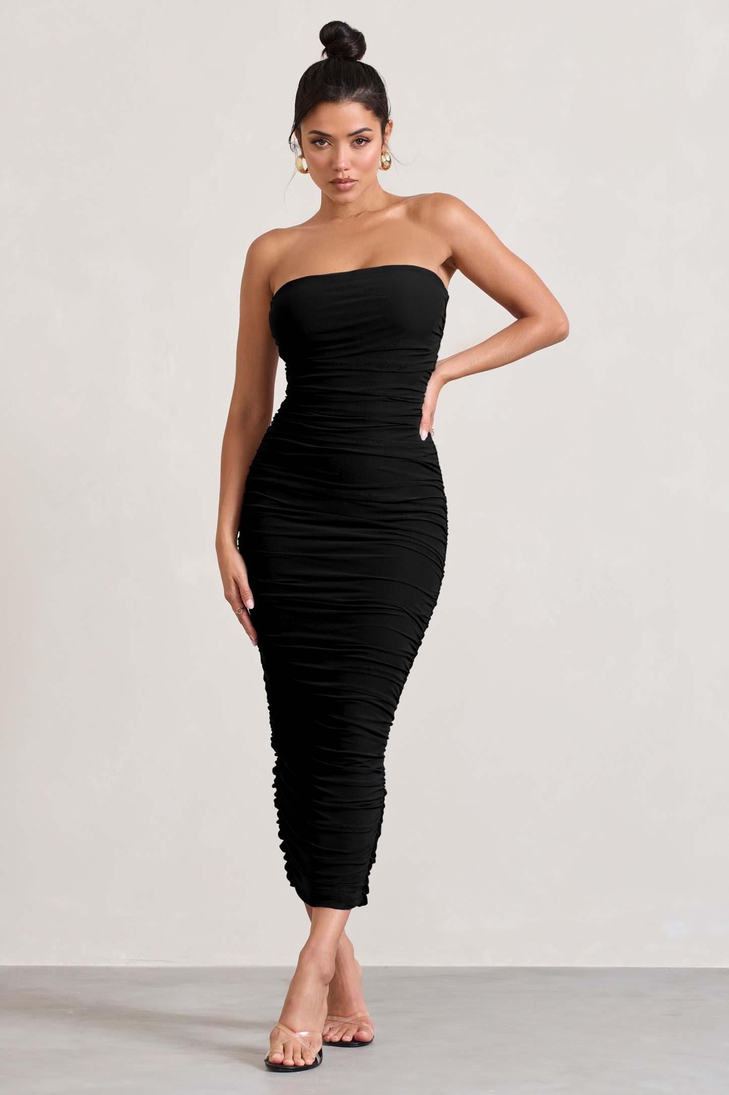 My Lady Black Strapless Bodycon Ruched Mesh Maxi Dress-Babyboo Dress Store. All Rights Reserved.